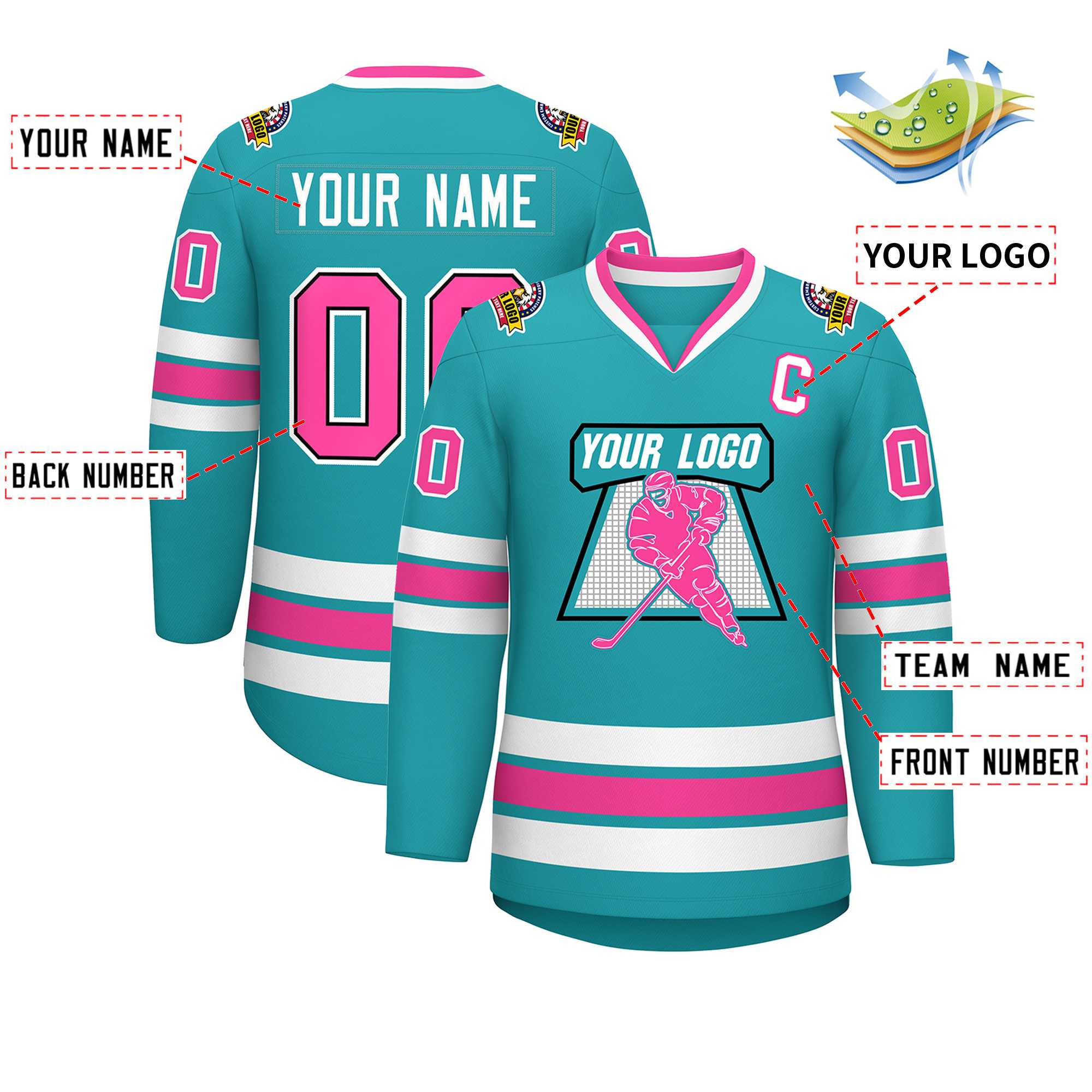 Maillot de hockey de style classique personnalisé Aqua Pink Navy-White