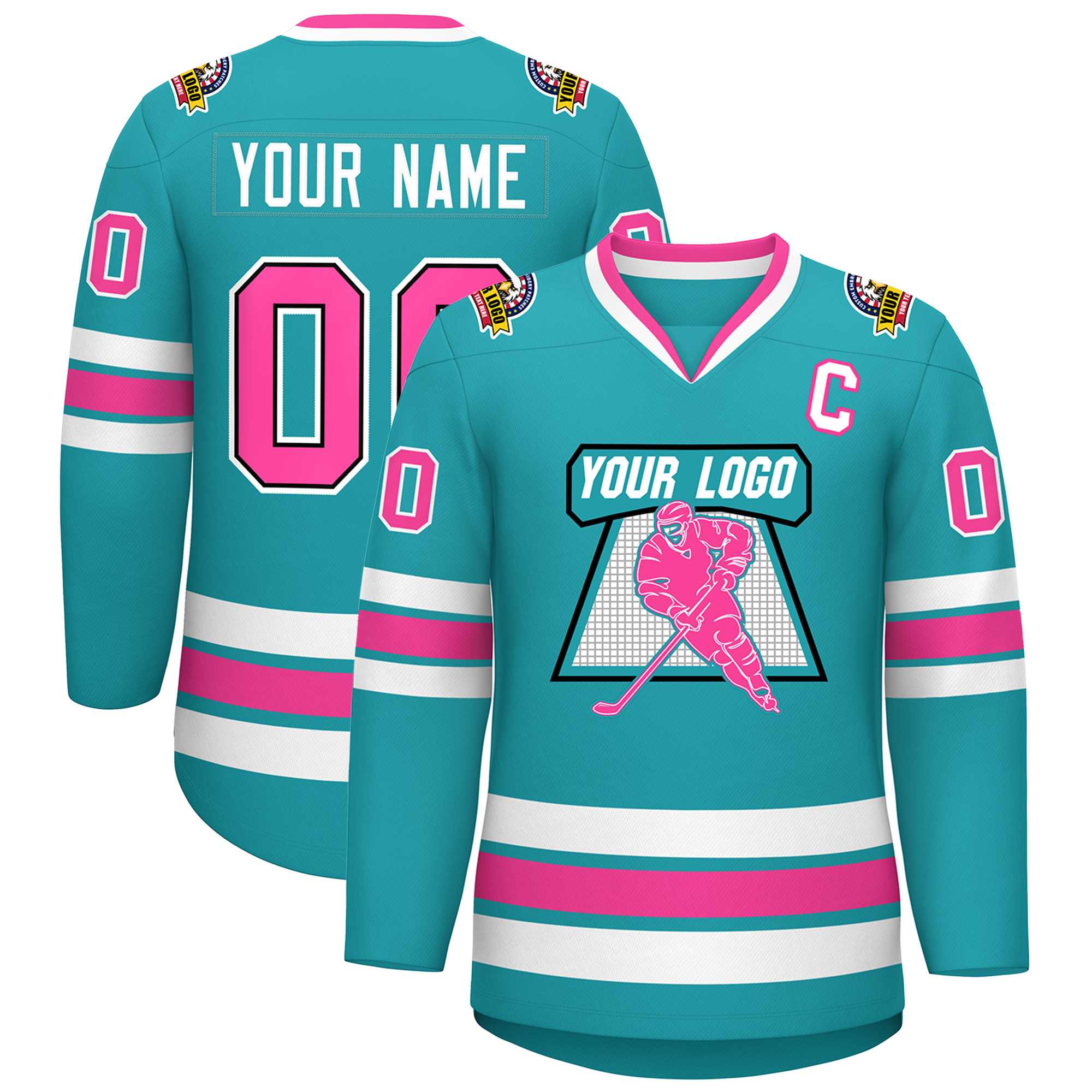 Maillot de hockey de style classique personnalisé Aqua Pink Navy-White