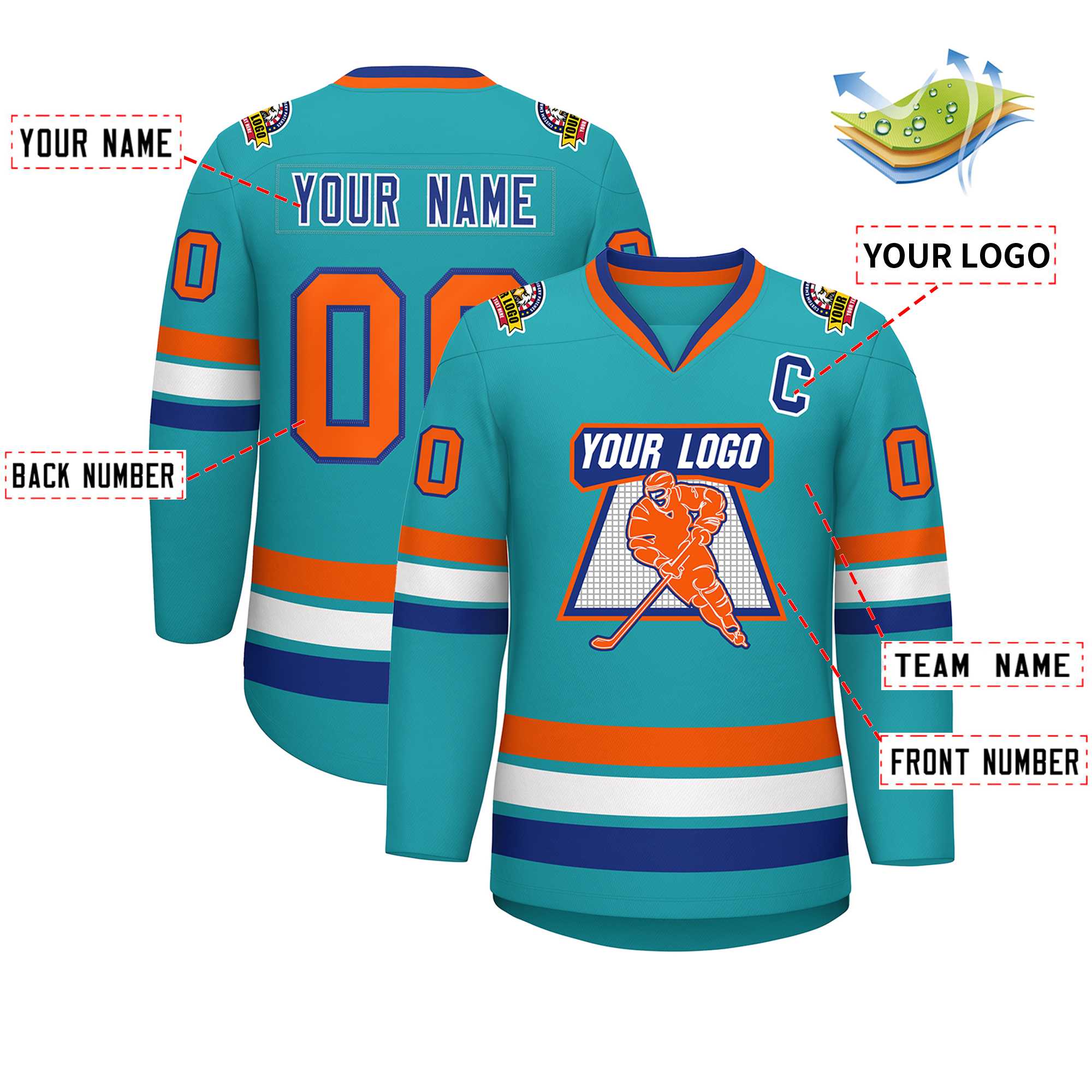 Custom Aqua Orange Royal-White Classic Style Hockey Jersey