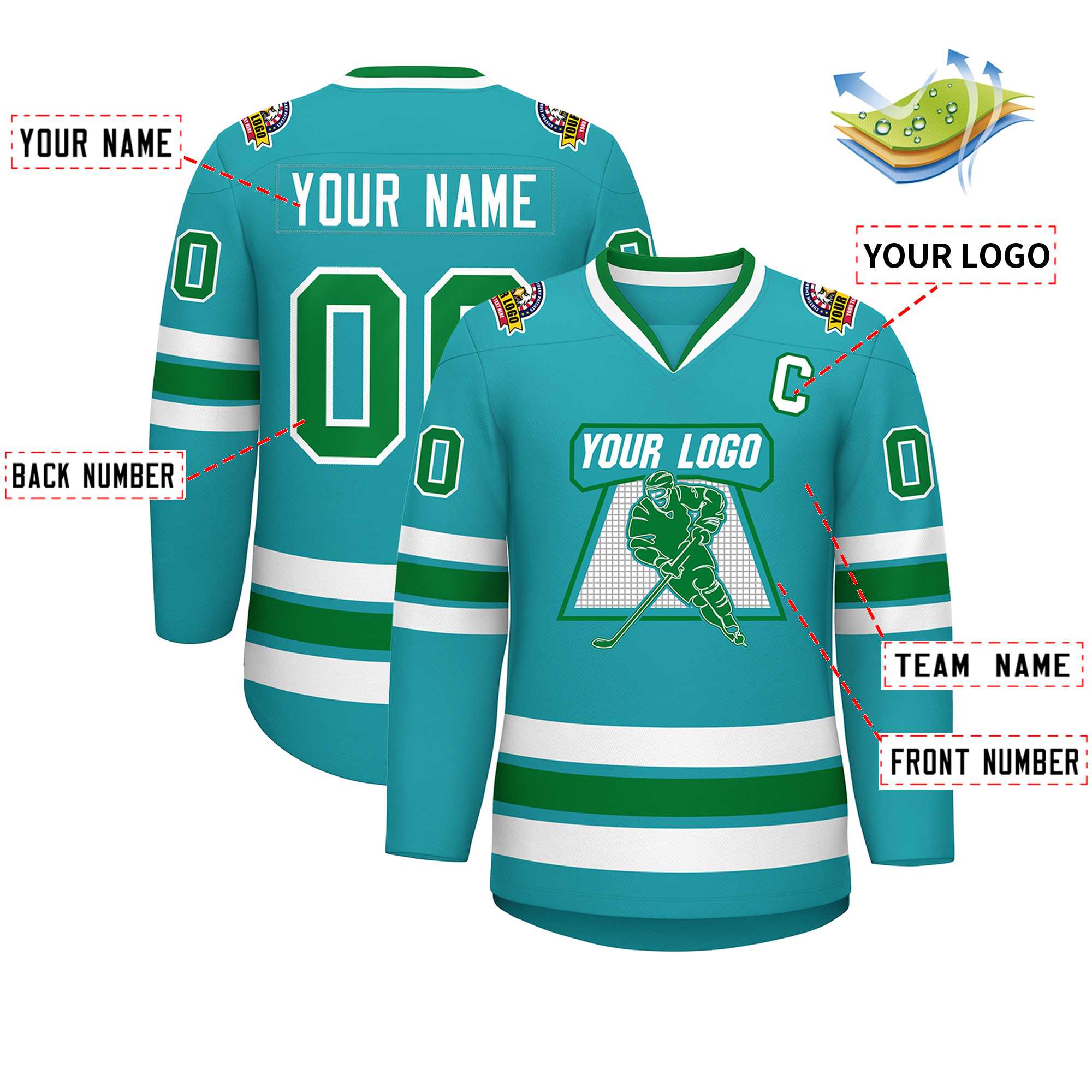 Custom Aqua Kelly Green-White Classic Style Hockey Jersey