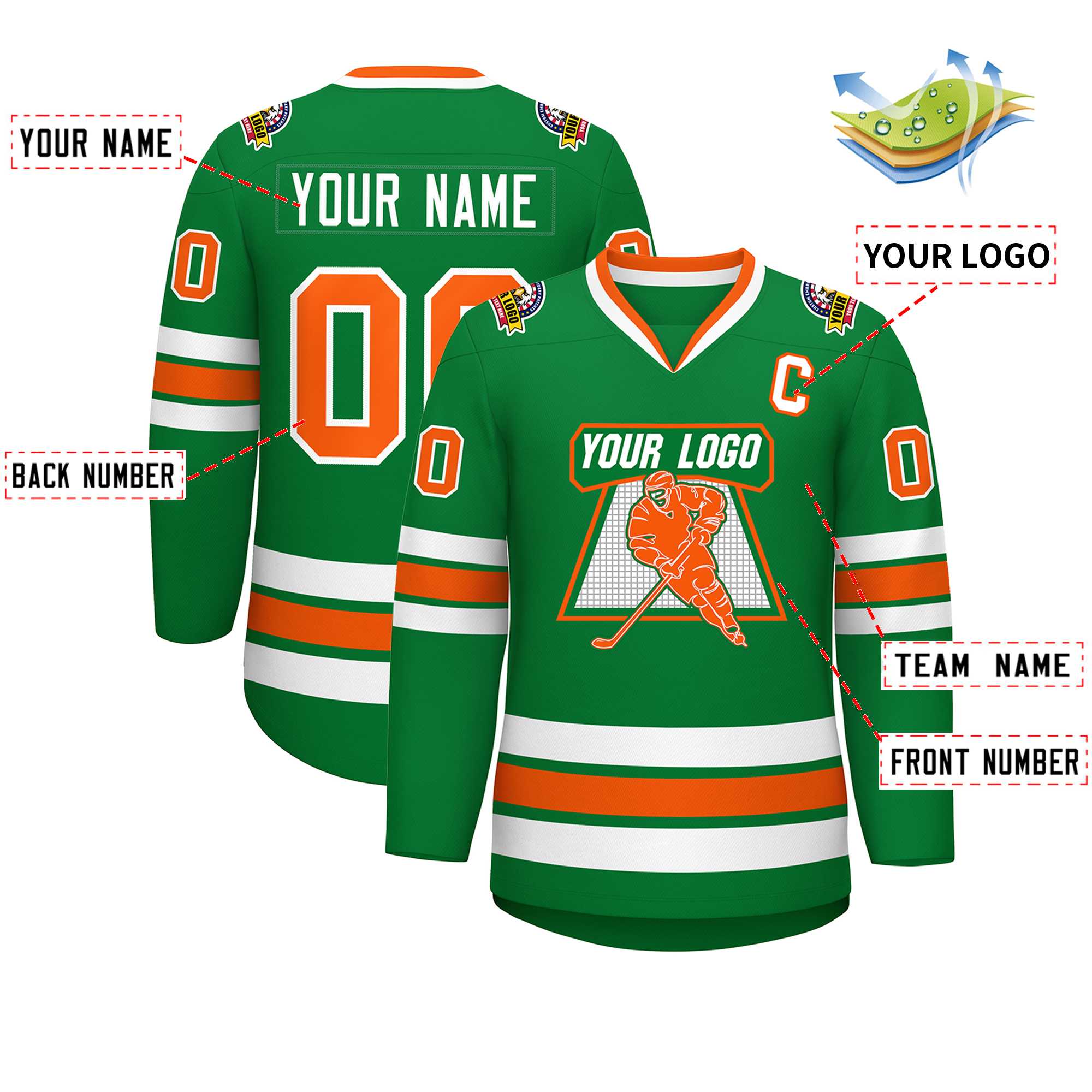 Maillot de hockey de style classique Kelly vert orange-blanc personnalisé