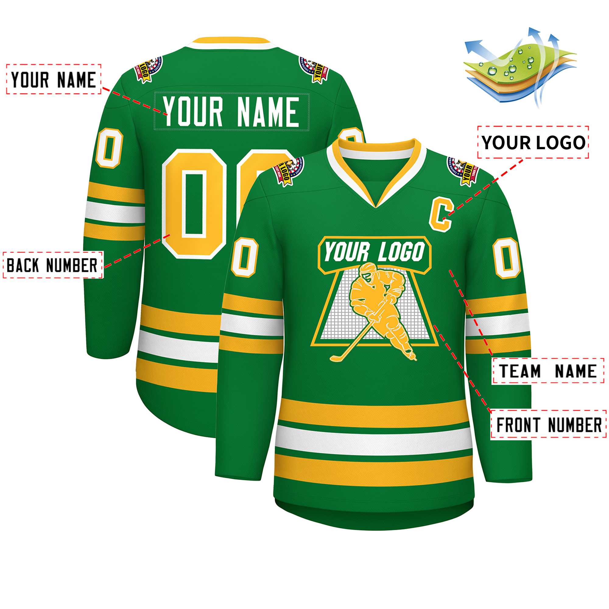 Maillot de hockey de style classique Kelly vert or-blanc personnalisé