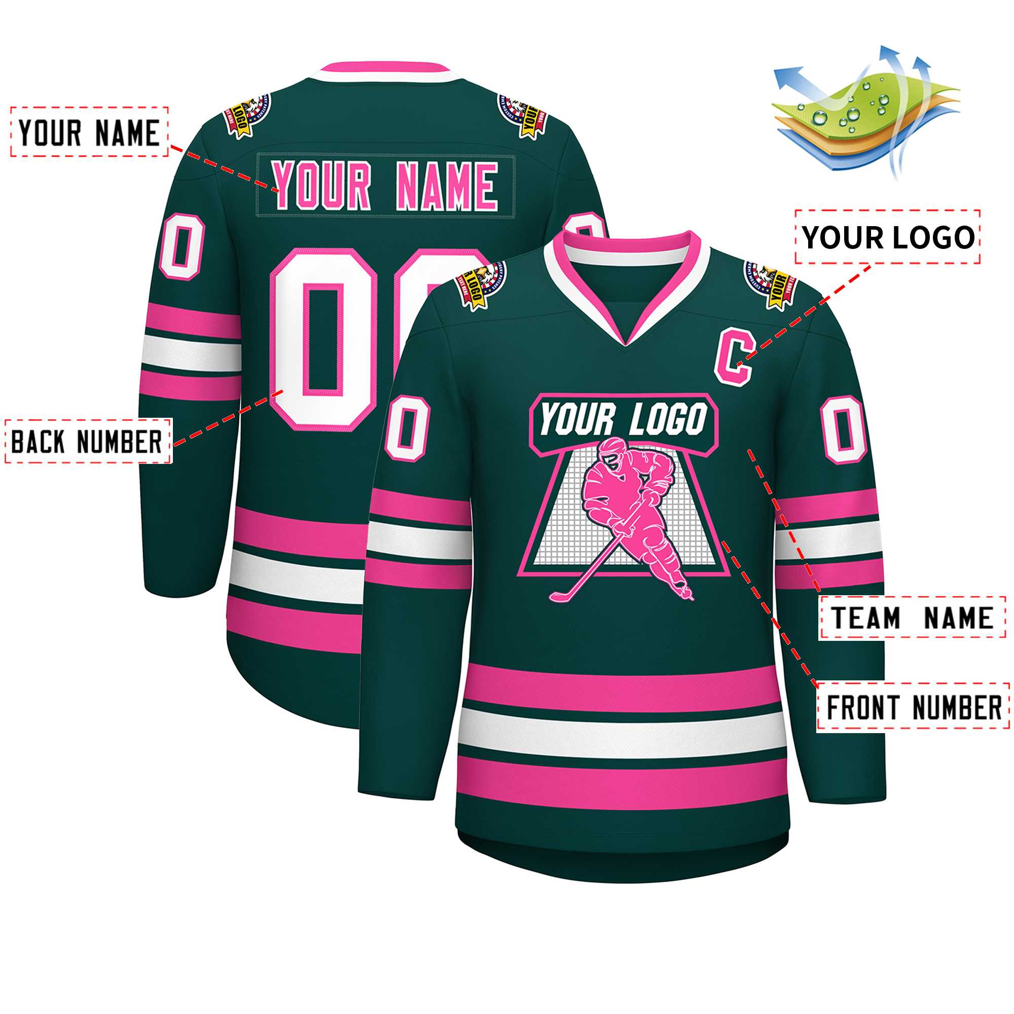 Custom Midnight Green Pink-White Classic Style Hockey Jersey