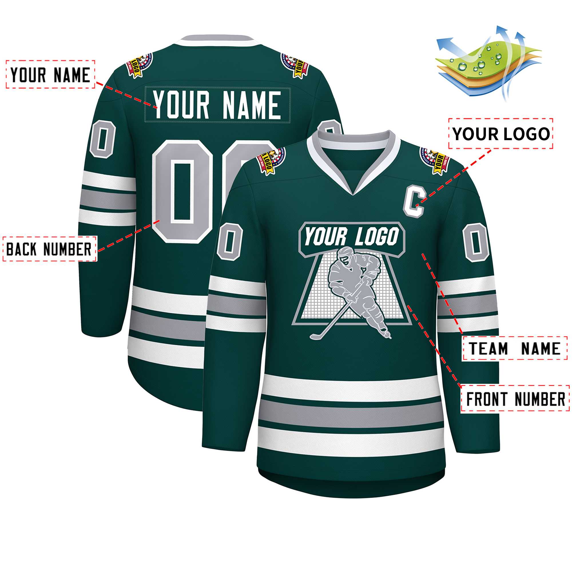 Custom Midnight Green Gray-White Classic Style Hockey Jersey