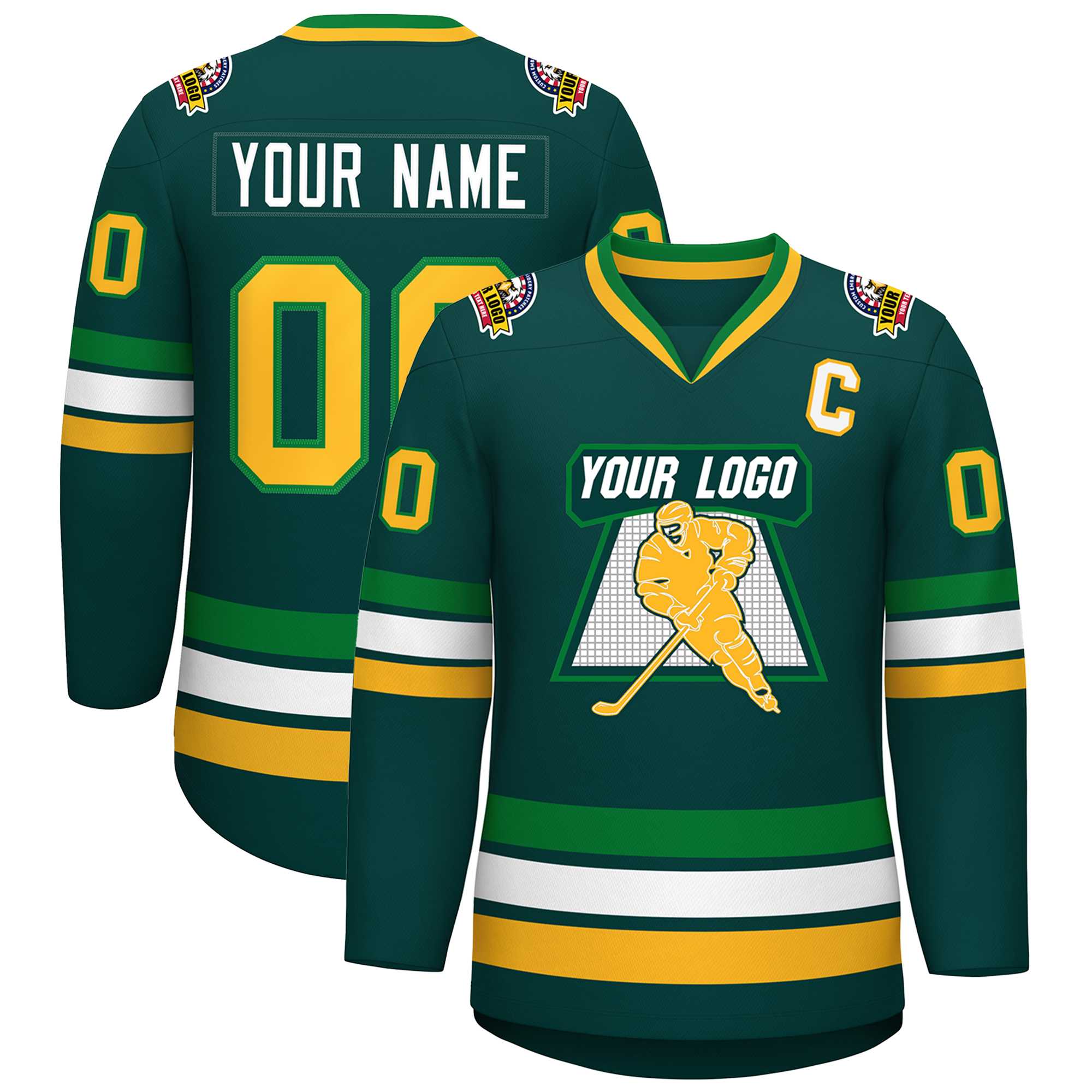 Custom Midnight Green White Kelly Green-Gold Classic Style Hockey Jersey