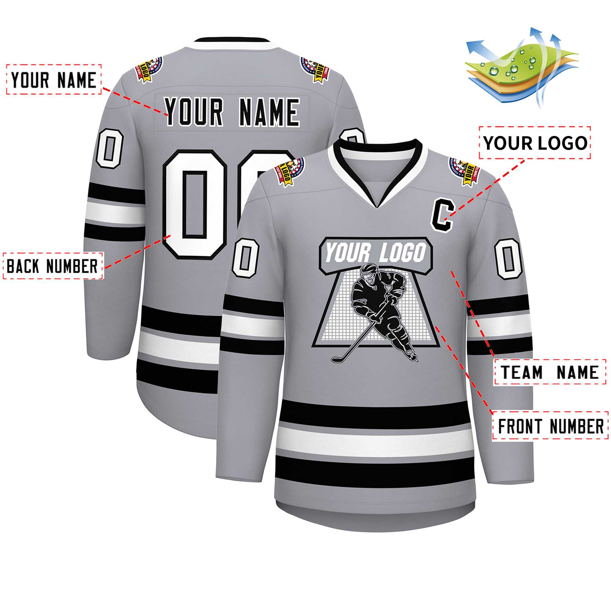 Maillot de hockey de style classique gris noir-blanc personnalisé