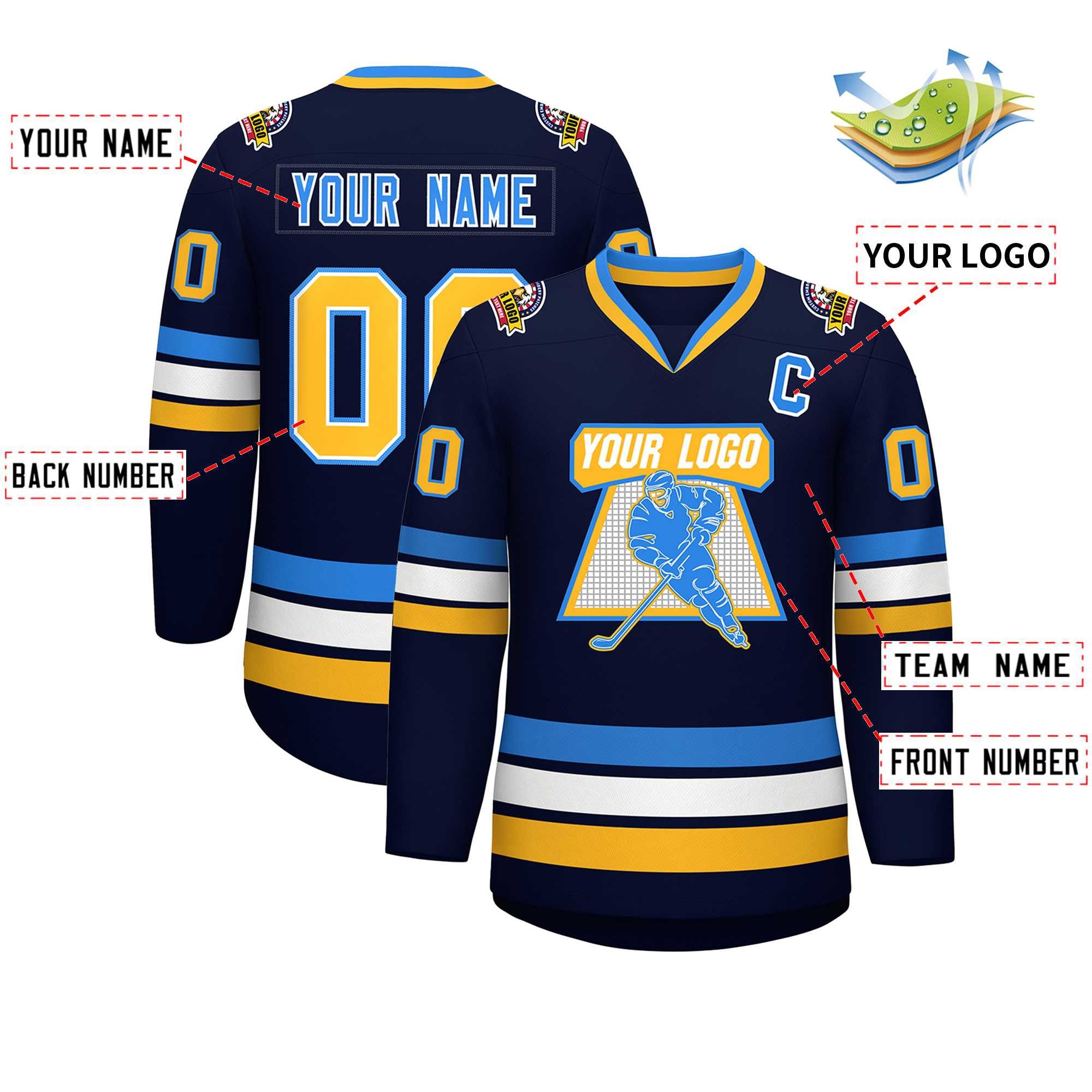 Custom Navy Gold White-Powder Blue Classic Style Hockey Jersey