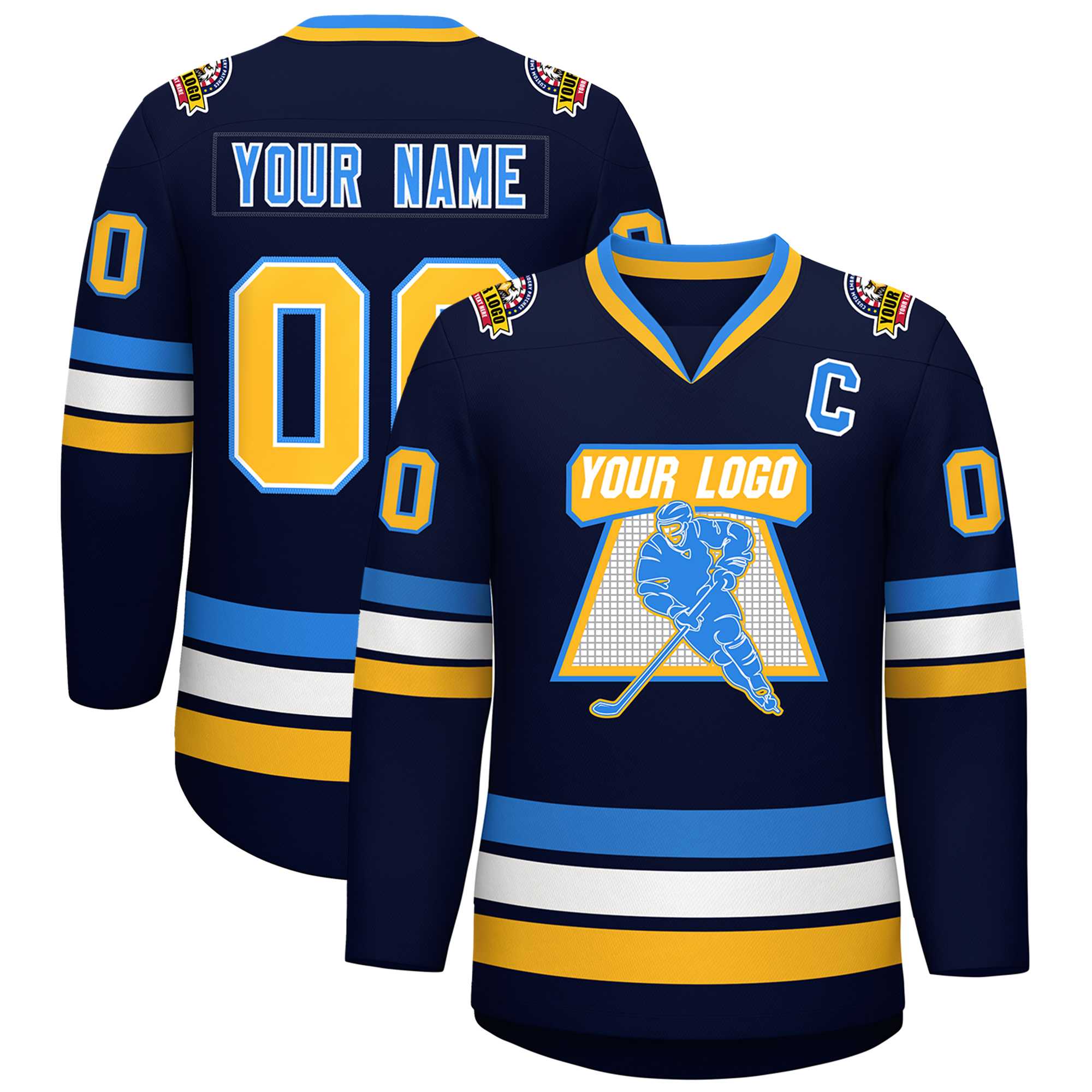 Custom Navy Gold White-Powder Blue Classic Style Hockey Jersey