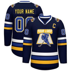 Custom Navy Royal White-Gold Classic Style Hockey Jersey