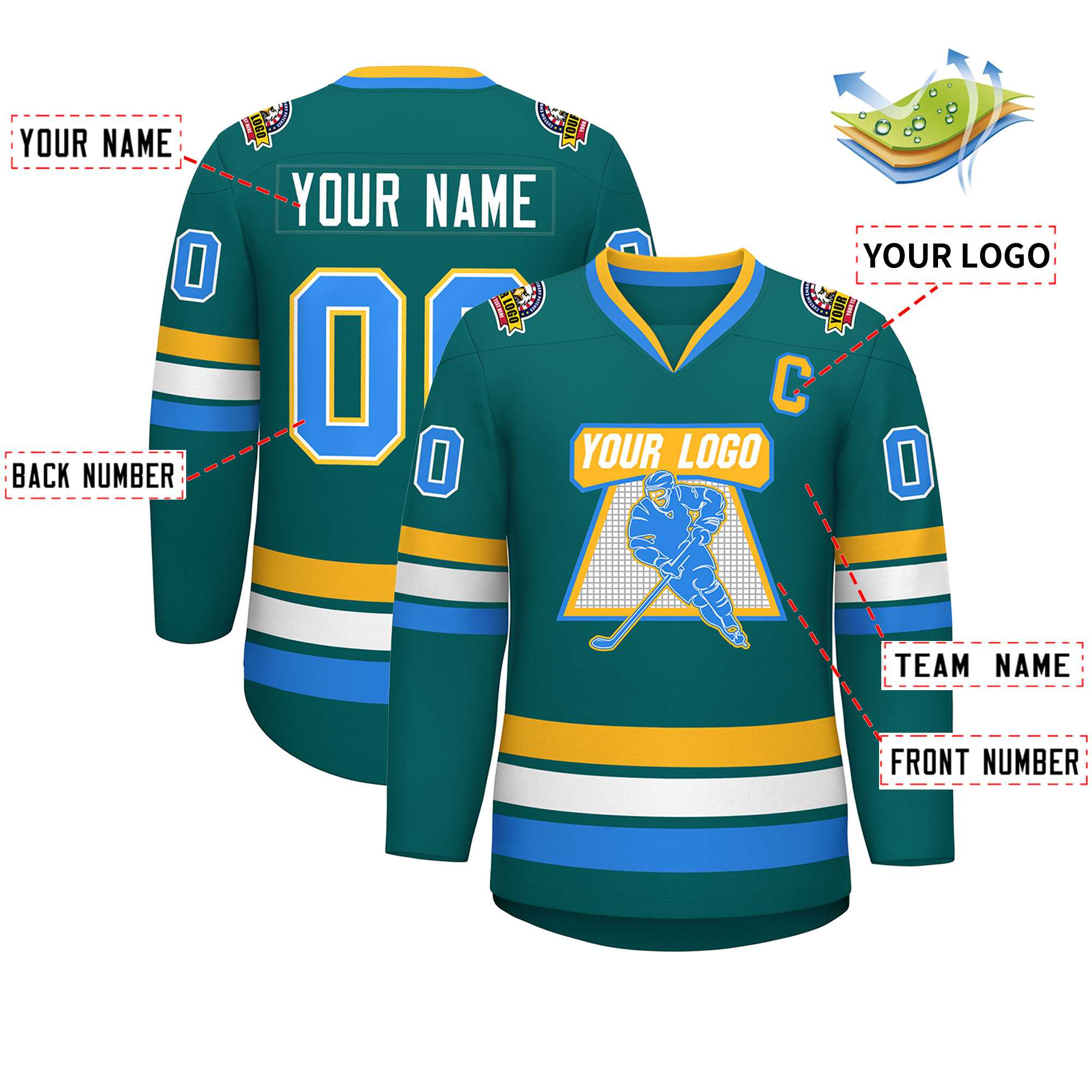 Custom Aqua Powder Blue White-Gold Classic Style Hockey Jersey