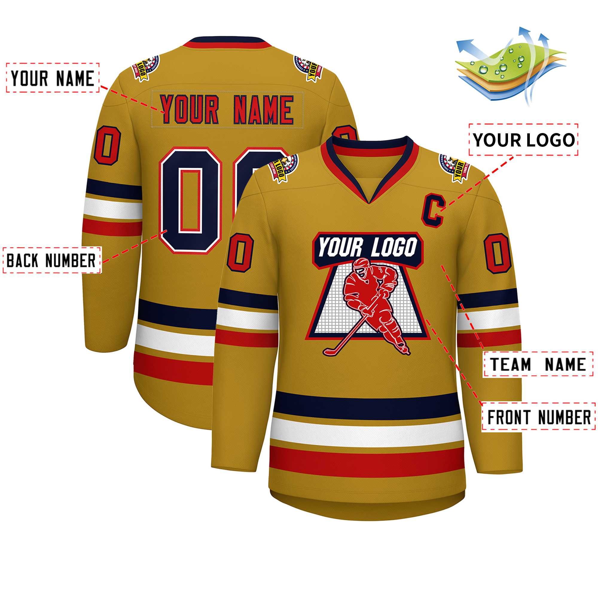 Custom Old Gold Navy White-Red Classic Style Hockey Jersey