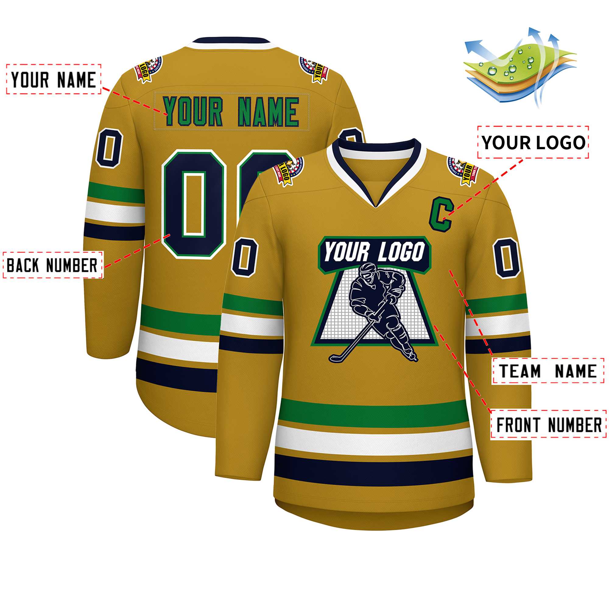 Custom Old Gold Navy Kelly Green-White Classic Style Hockey Jersey