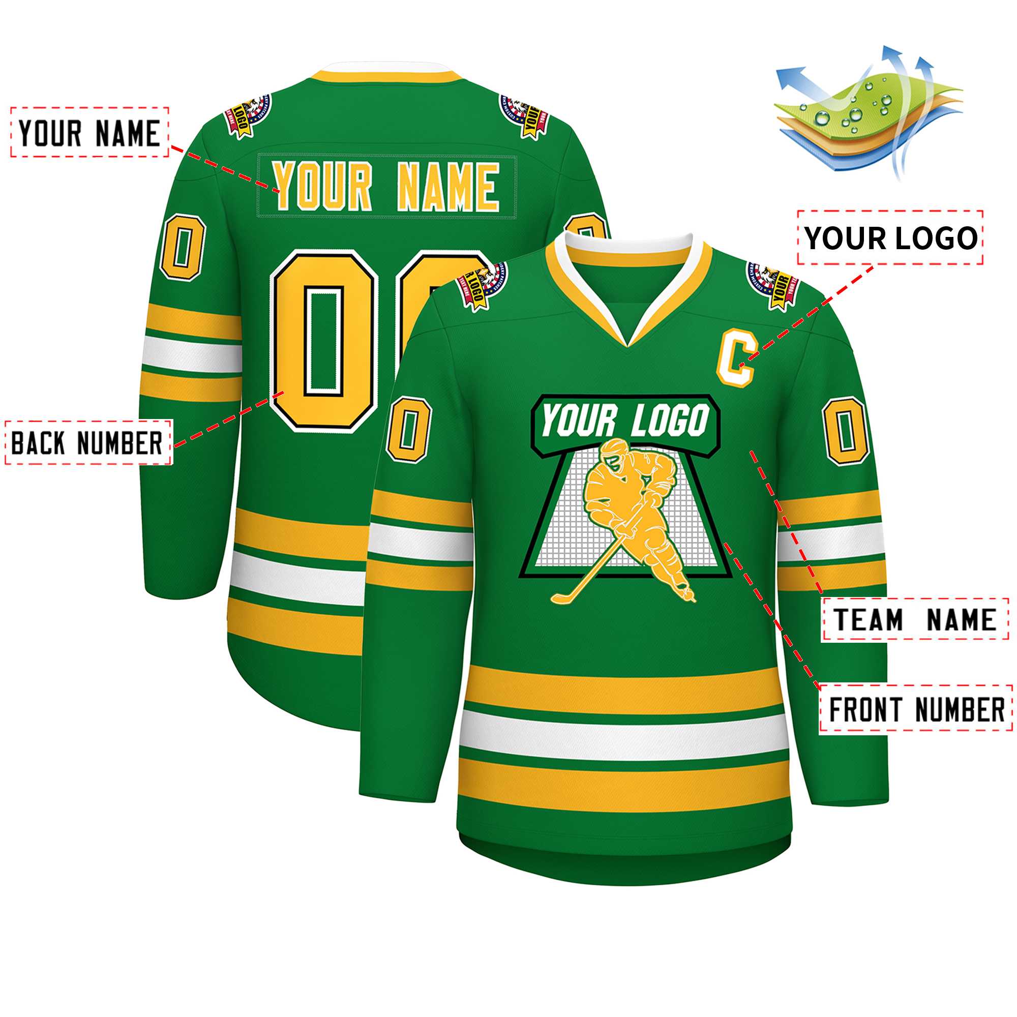 Custom Kelly Green Gold Black-White Classic Style Hockey Jersey