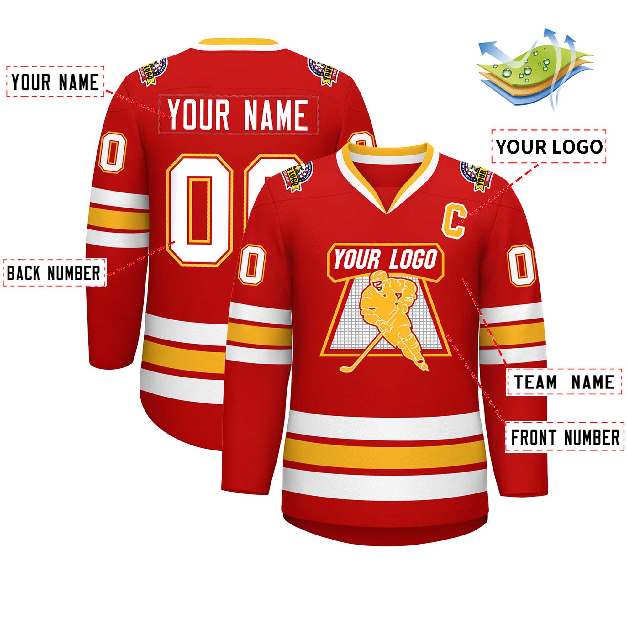 Custom Red White Red-Gold Classic Style Hockey Jersey