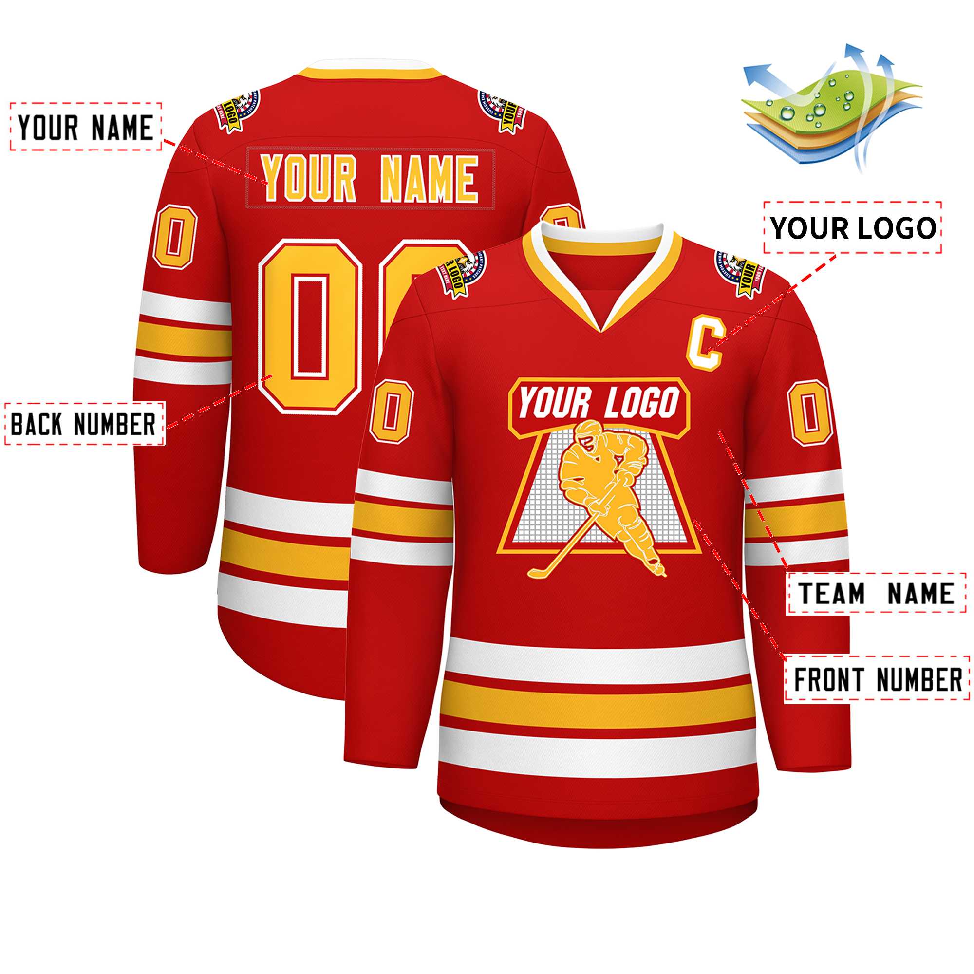 Custom Red Gold Red-White Classic Style Hockey Jersey