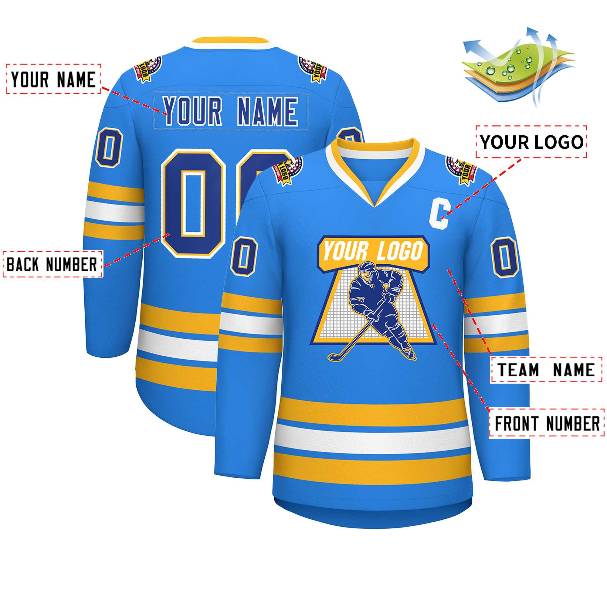 Custom Powder Blue Royal Gold-White Classic Style Hockey Jersey