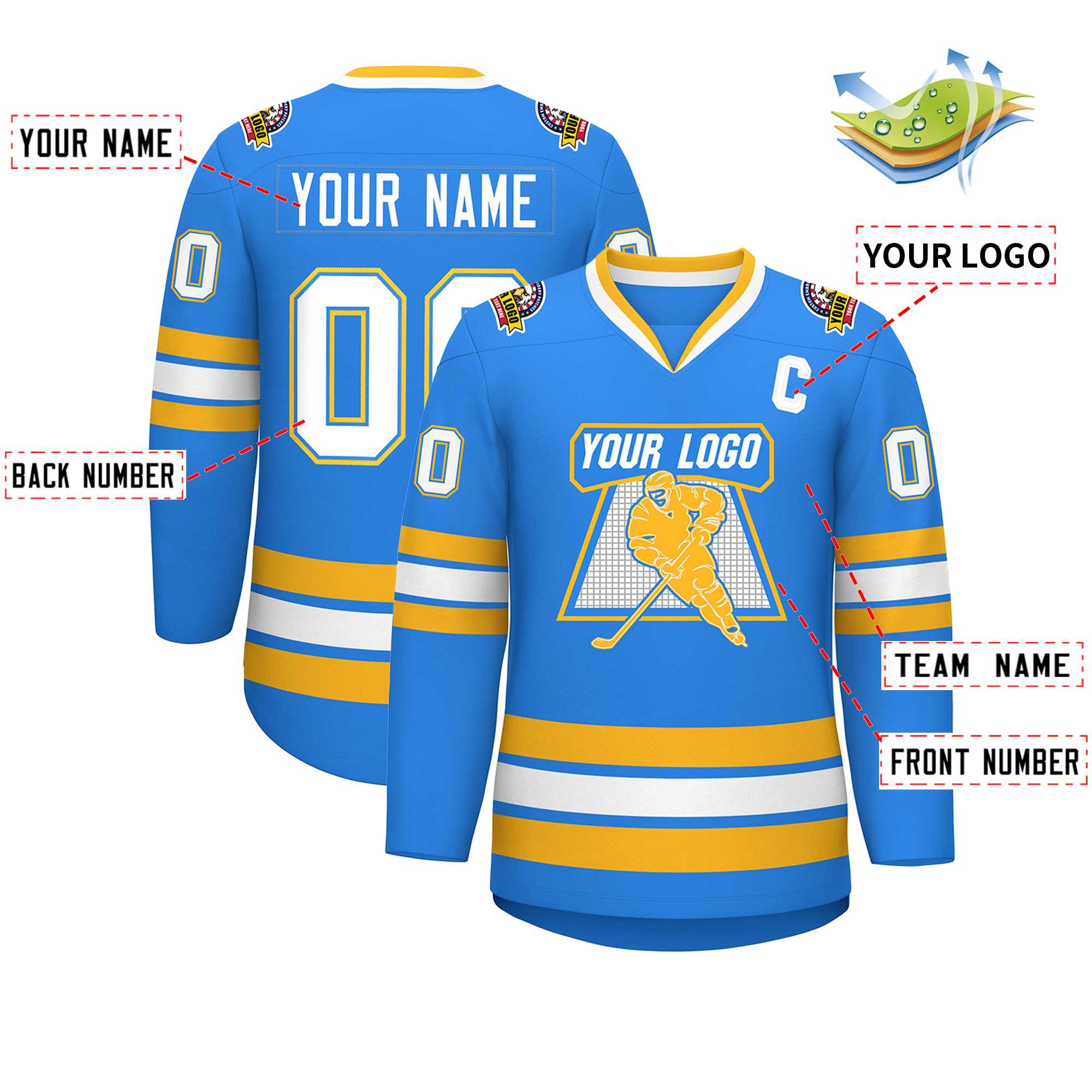 Custom Powder Blue White Powder Blue-Gold Classic Style Hockey Jersey