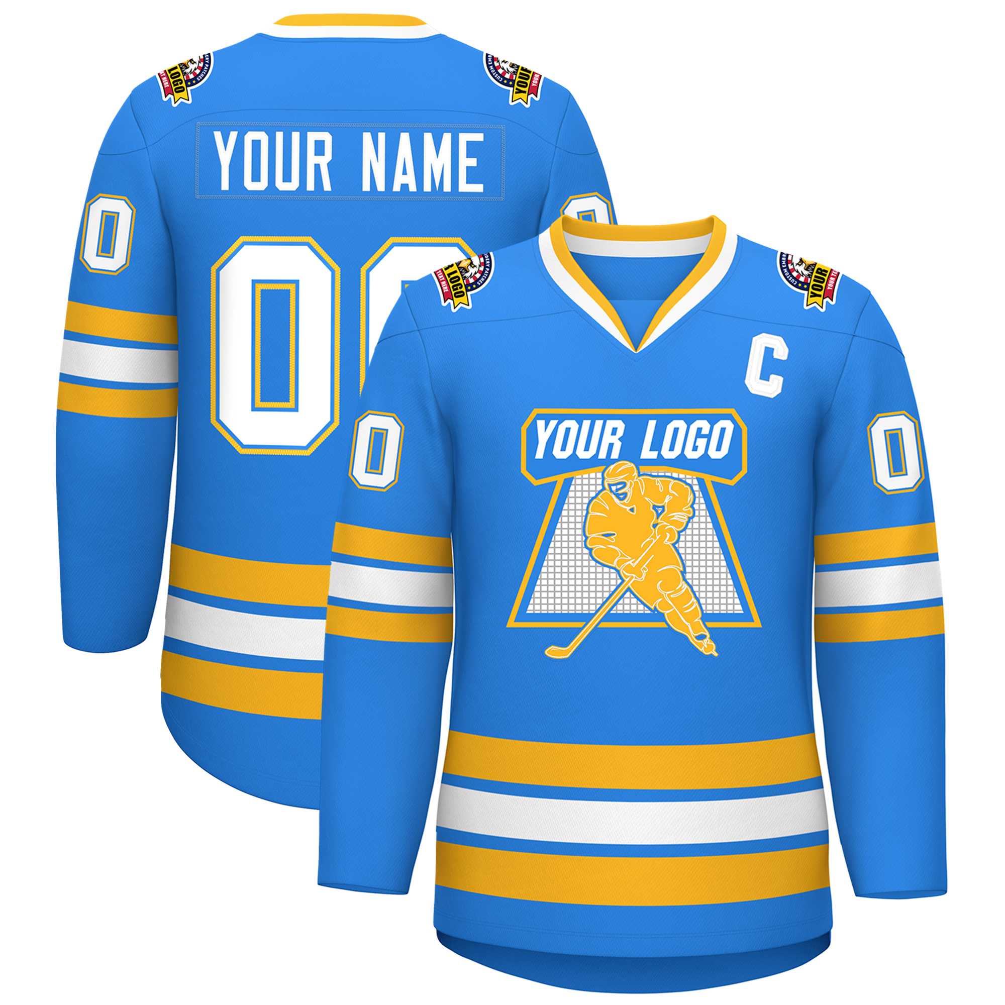 Custom Powder Blue White Powder Blue-Gold Classic Style Hockey Jersey