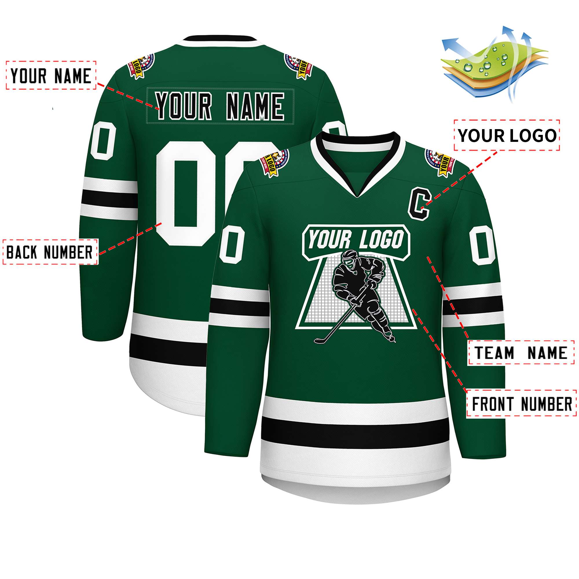 Maillot de hockey de style classique vert noir-blanc personnalisé