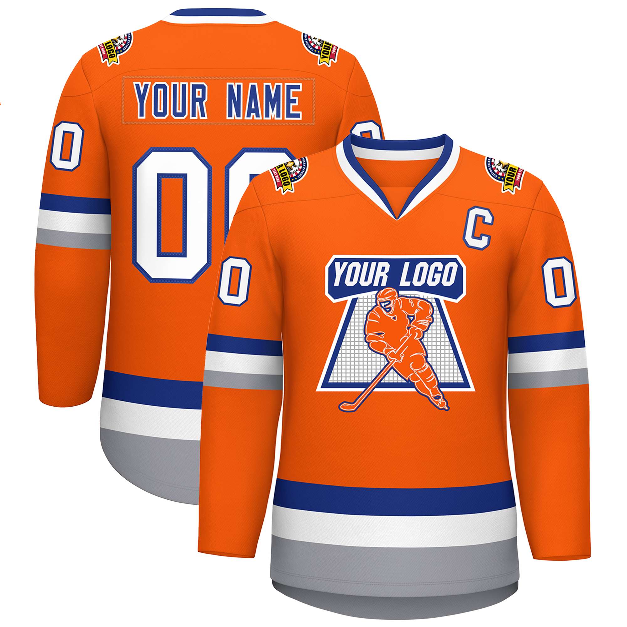 Maillot de hockey de style classique orange royal-blanc personnalisé