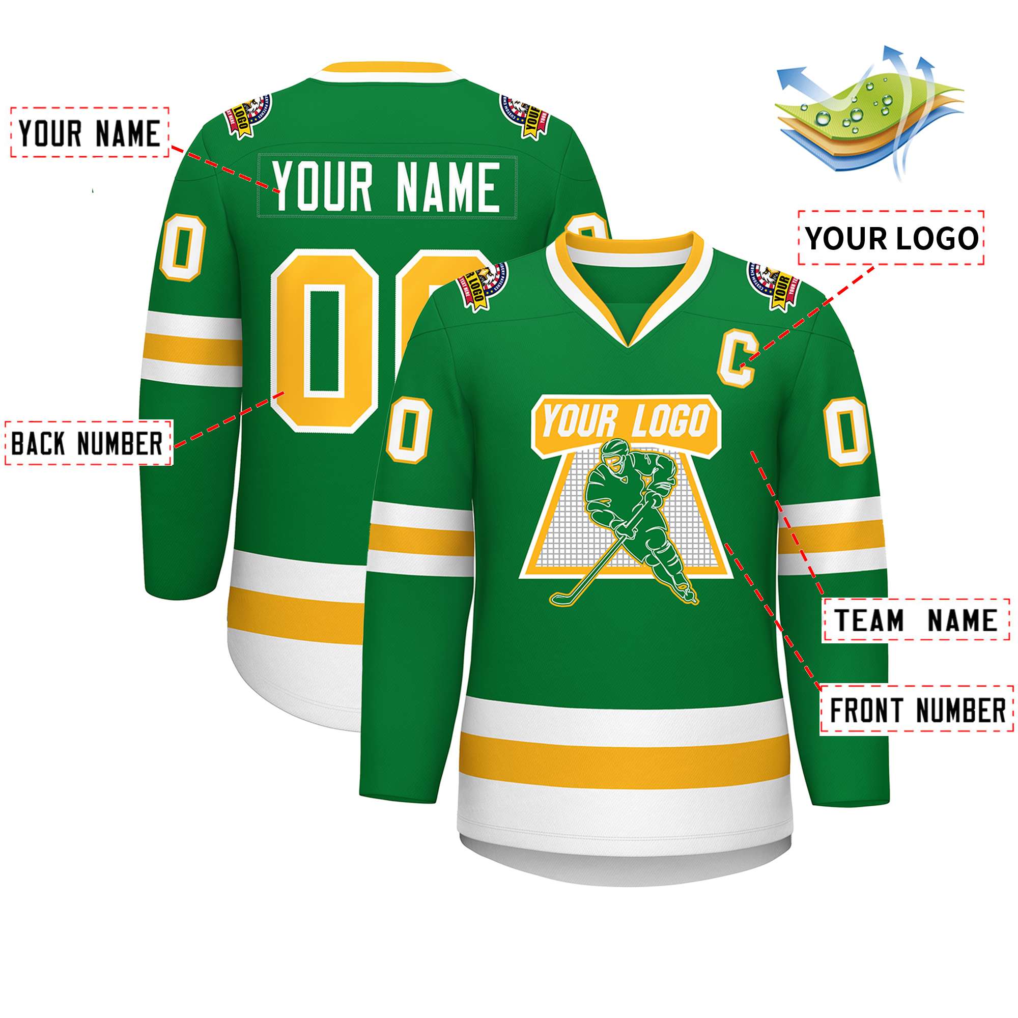 Maillot de hockey de style classique Kelly vert or-blanc personnalisé