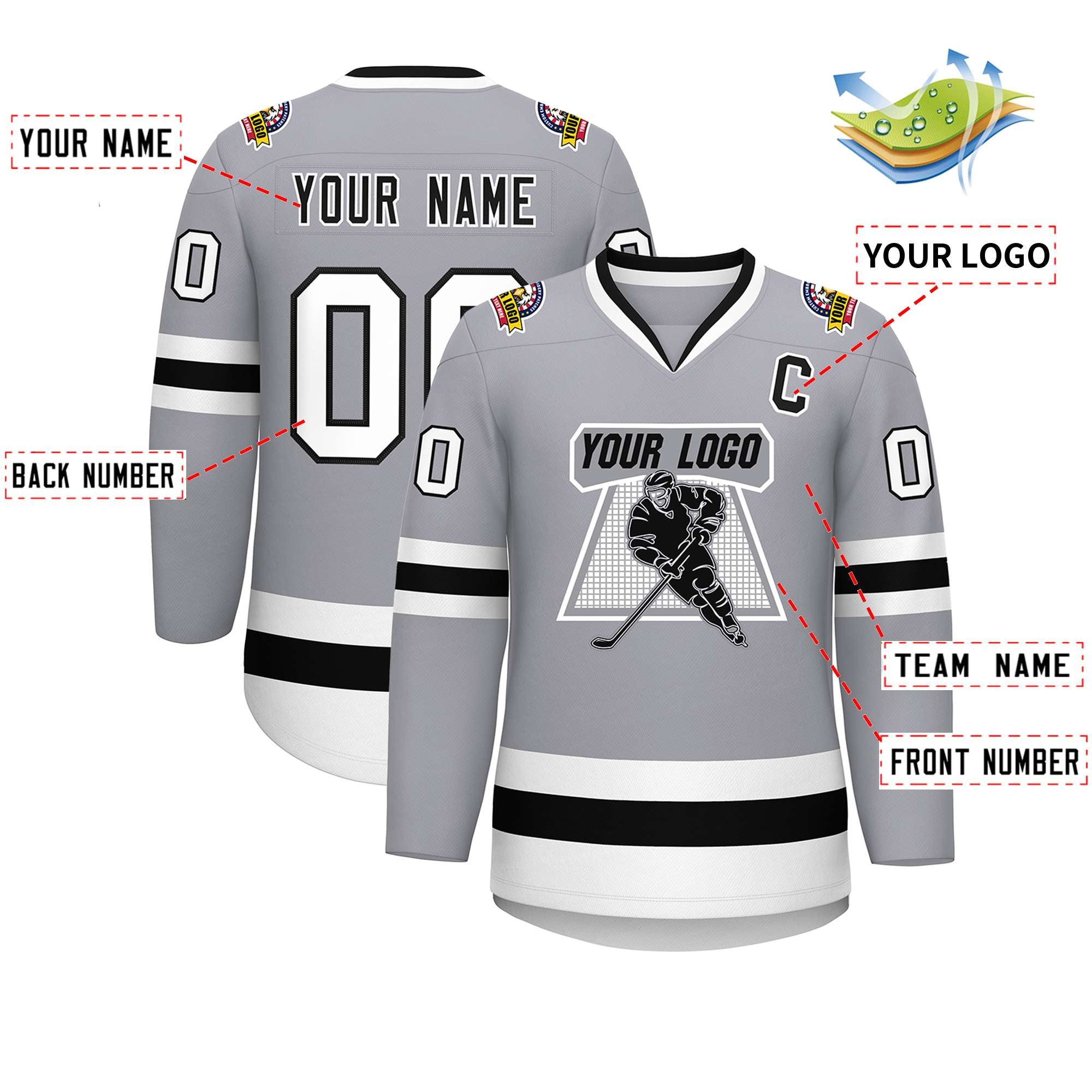 Maillot de hockey de style classique personnalisé gris noir blanc-noir