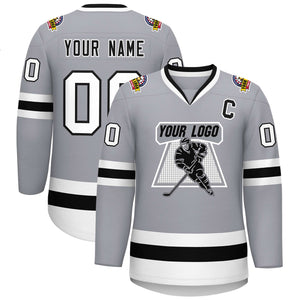 Custom Gray Black White-Black Classic Style Hockey Jersey