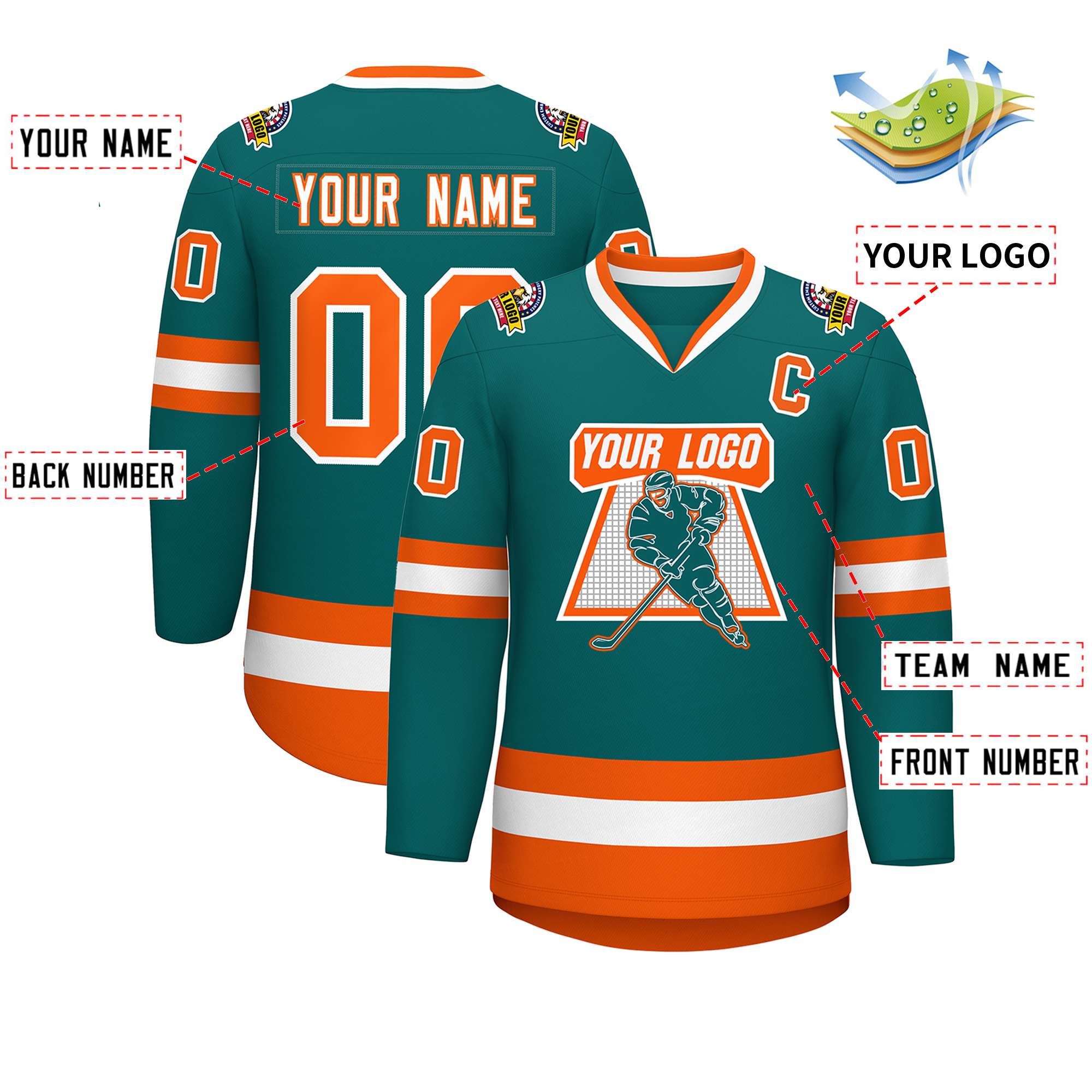 Custom Teal White-Orange Classic Style Hockey Jersey