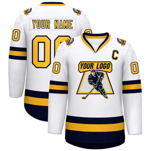 Custom White Gold-Navy Classic Style Hockey Jersey