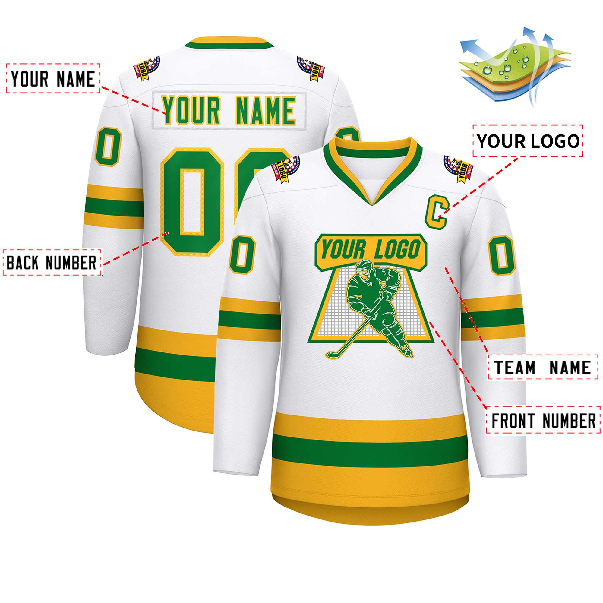 Custom White Kelly Green-Gold Classic Style Hockey Jersey