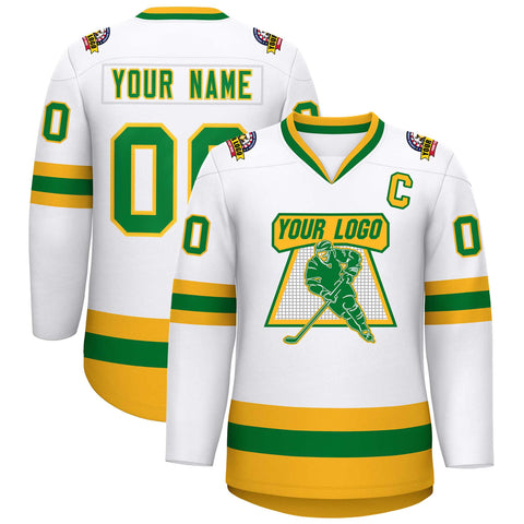 Custom White Kelly Green-Gold Classic Style Hockey Jersey