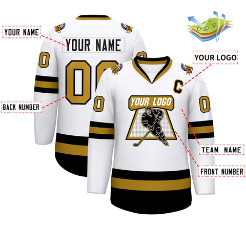 Custom White Old Gold-Black Classic Style Hockey Jersey