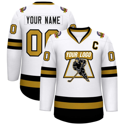 Custom White Old Gold-Black Classic Style Hockey Jersey