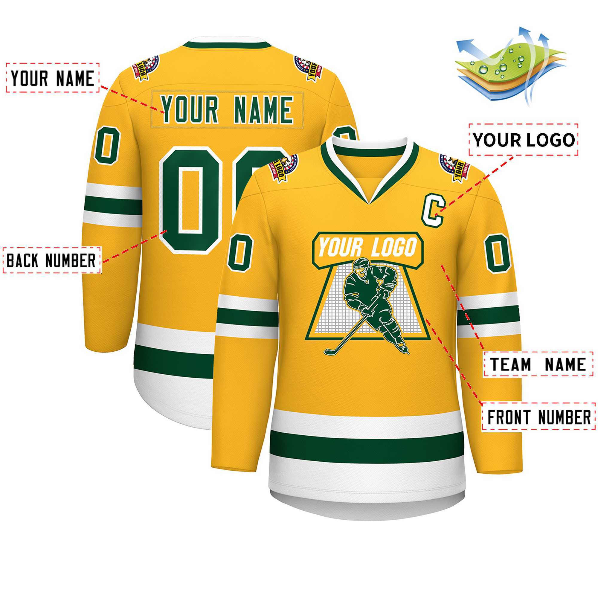 Custom Gold Green-White Classic Style Hockey Jersey