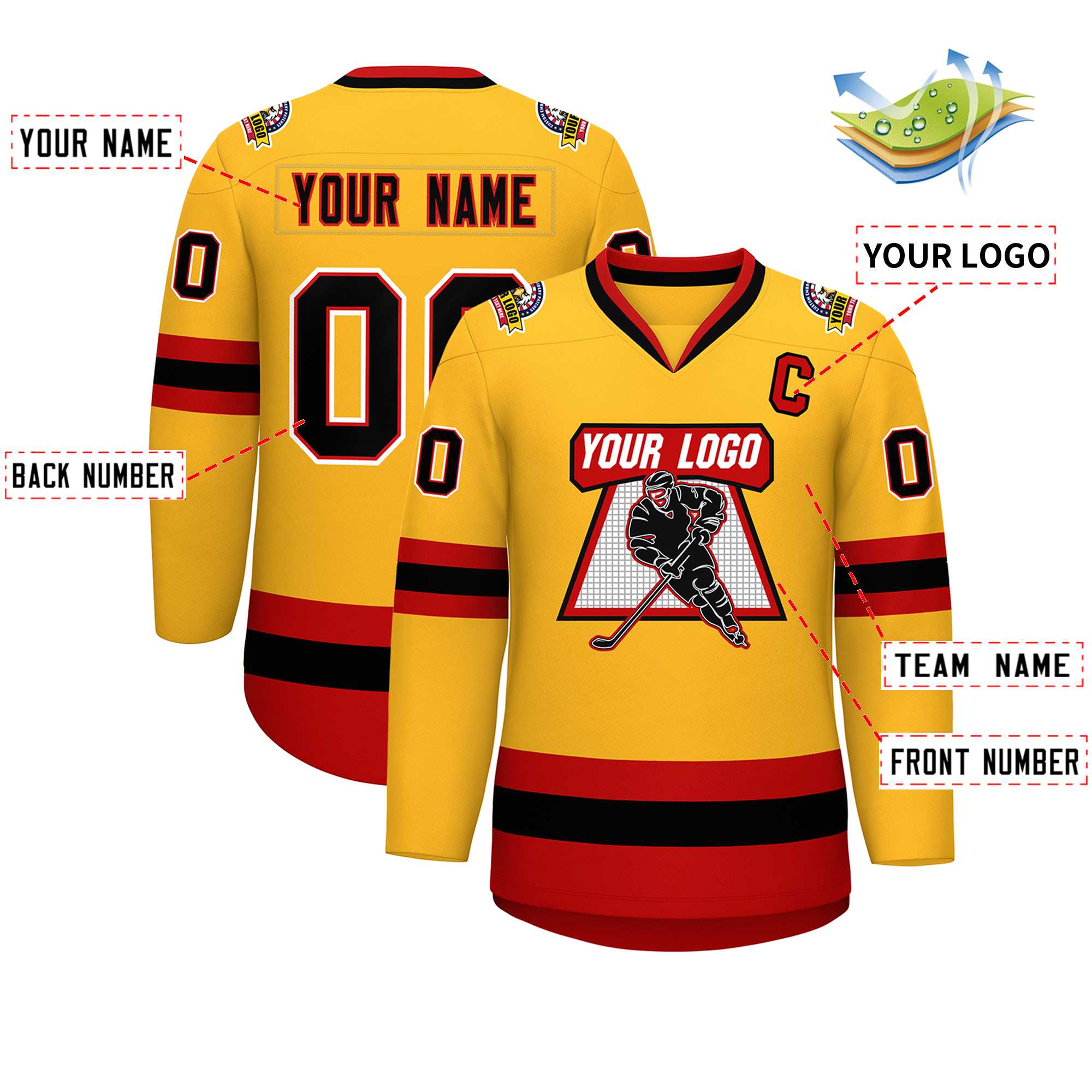 Custom Gold Black Red-White Classic Style Hockey Jersey