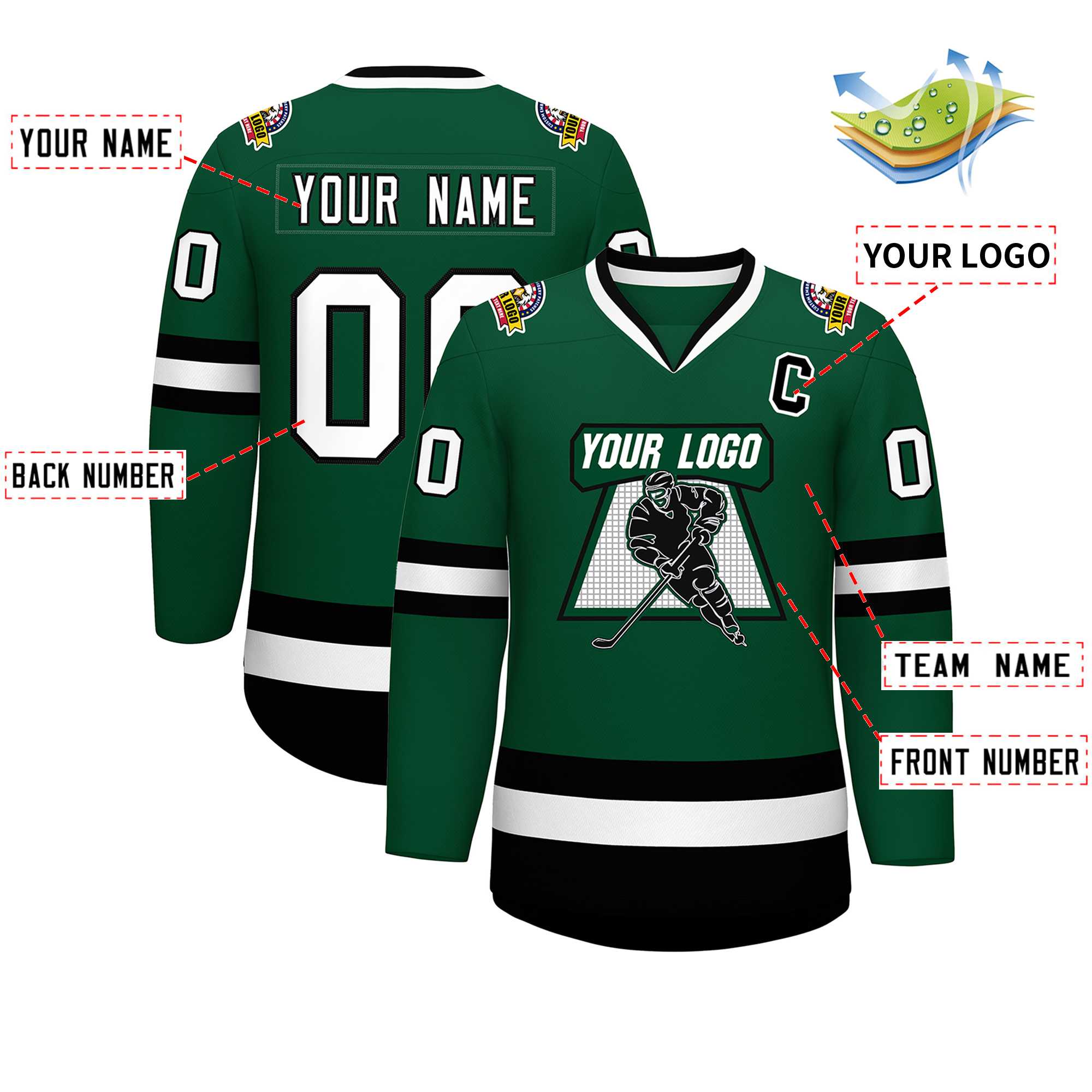 Maillot de hockey de style classique vert blanc-noir personnalisé