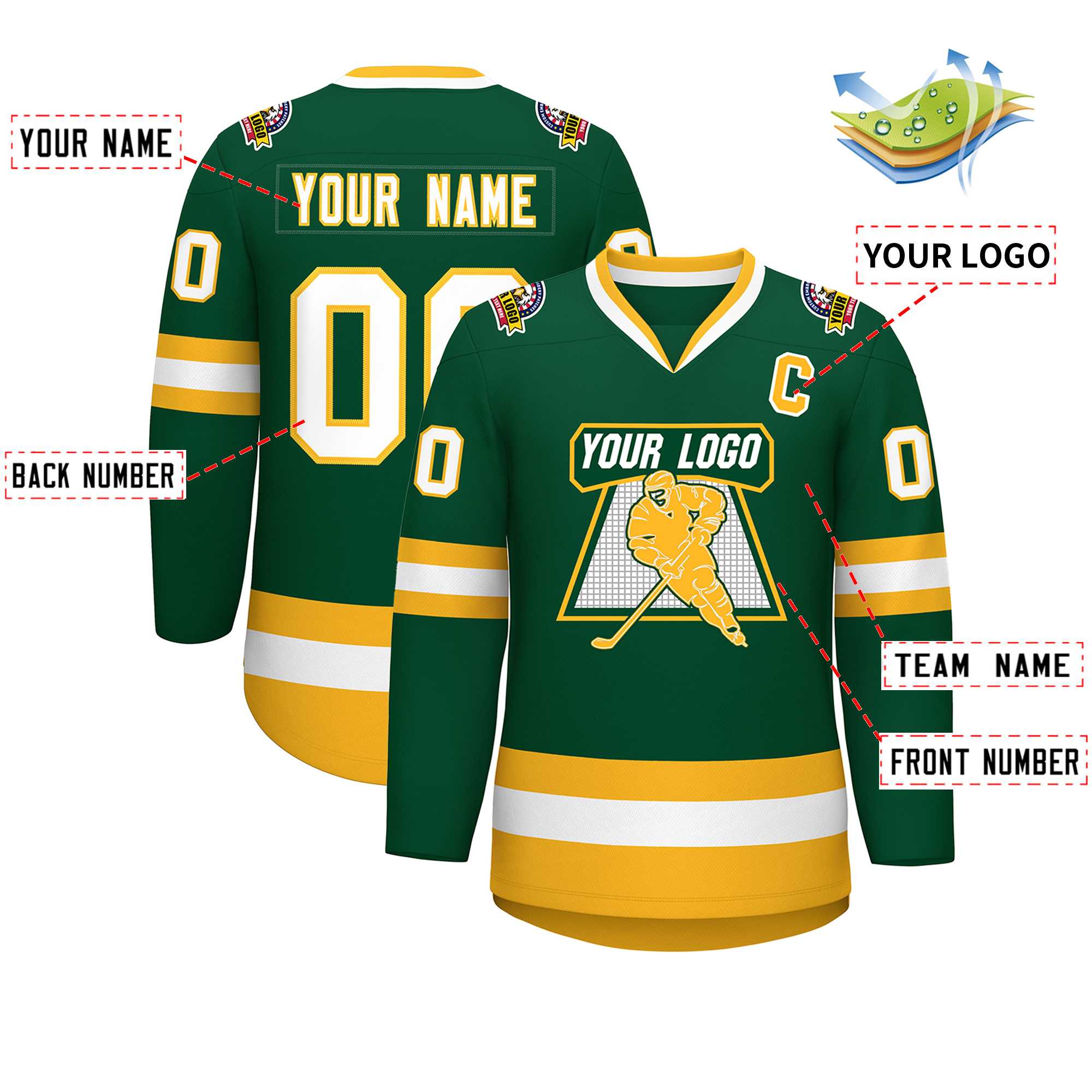 Custom Green White-Gold Classic Style Hockey Jersey