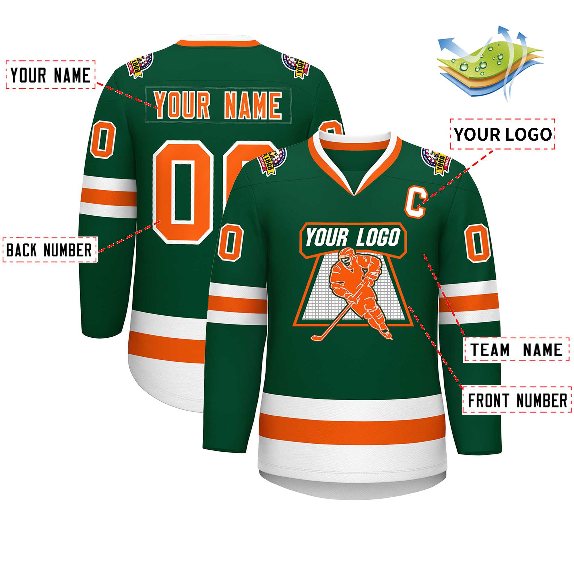 Maillot de hockey de style classique vert orange-blanc personnalisé