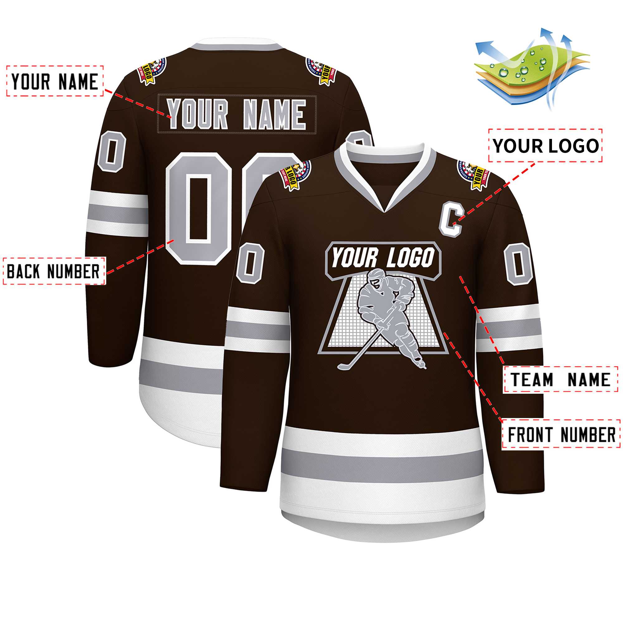 Maillot de hockey de style classique marron gris-blanc personnalisé