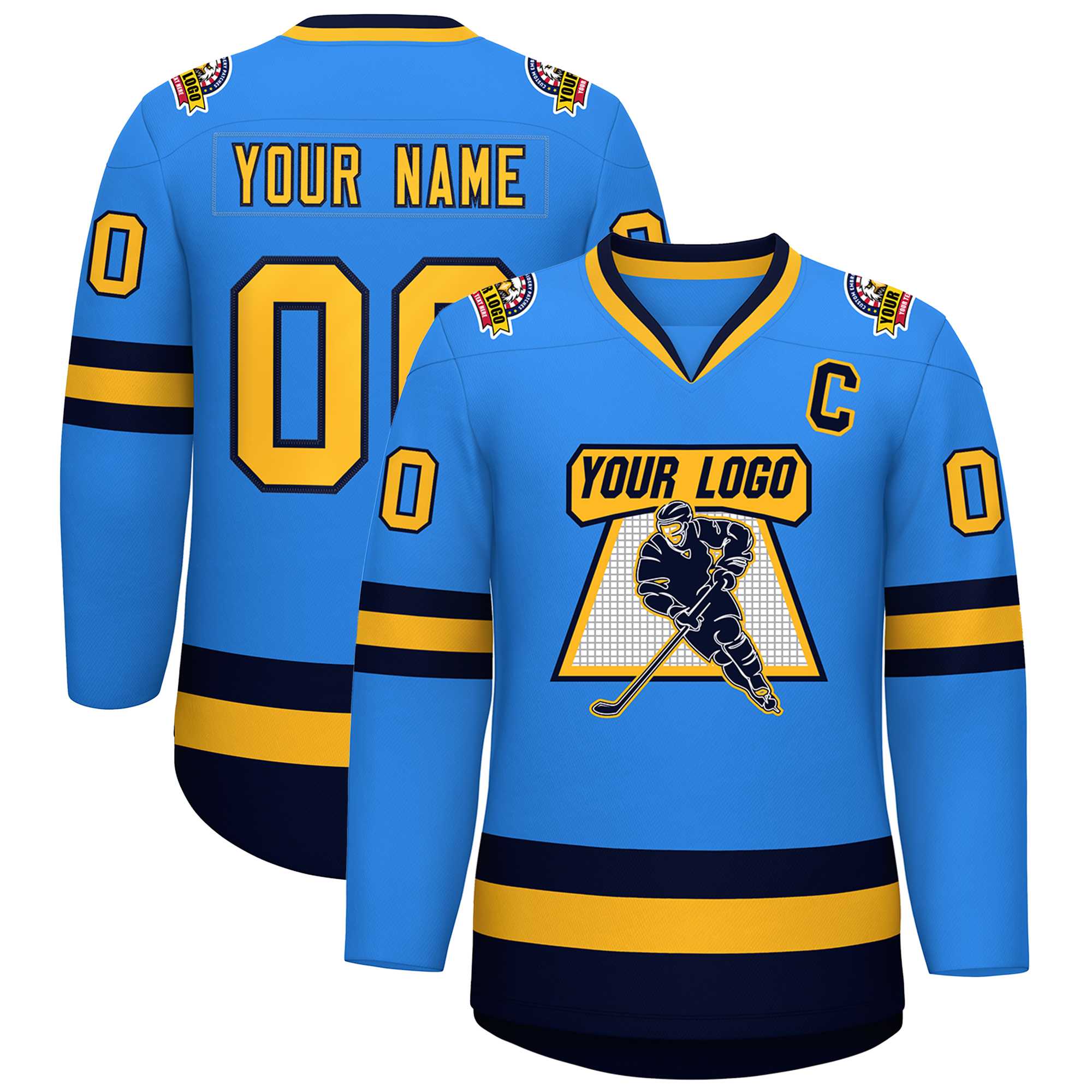 Custom Powder Blue Gold-Navy Classic Style Hockey Jersey