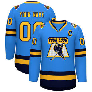 Custom Powder Blue Gold-Navy Classic Style Hockey Jersey