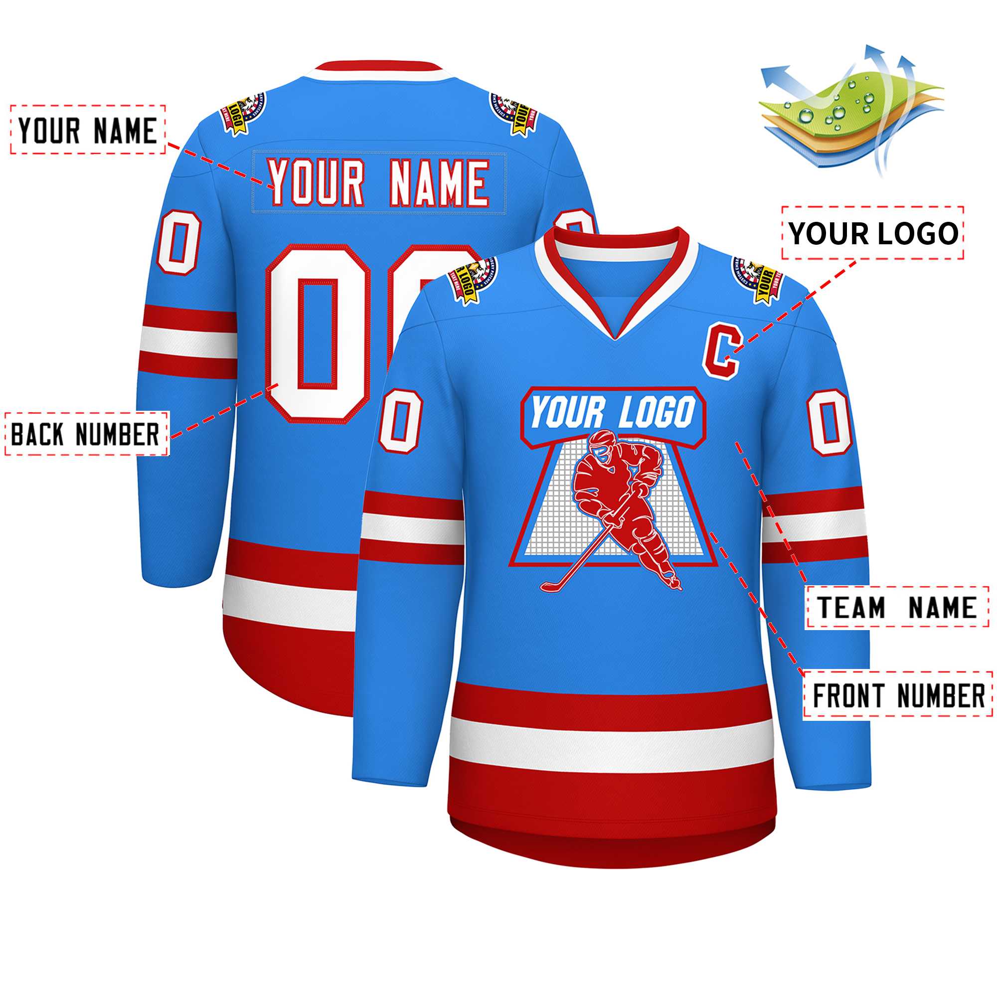 Maillot de hockey de style classique bleu poudre blanc-rouge personnalisé