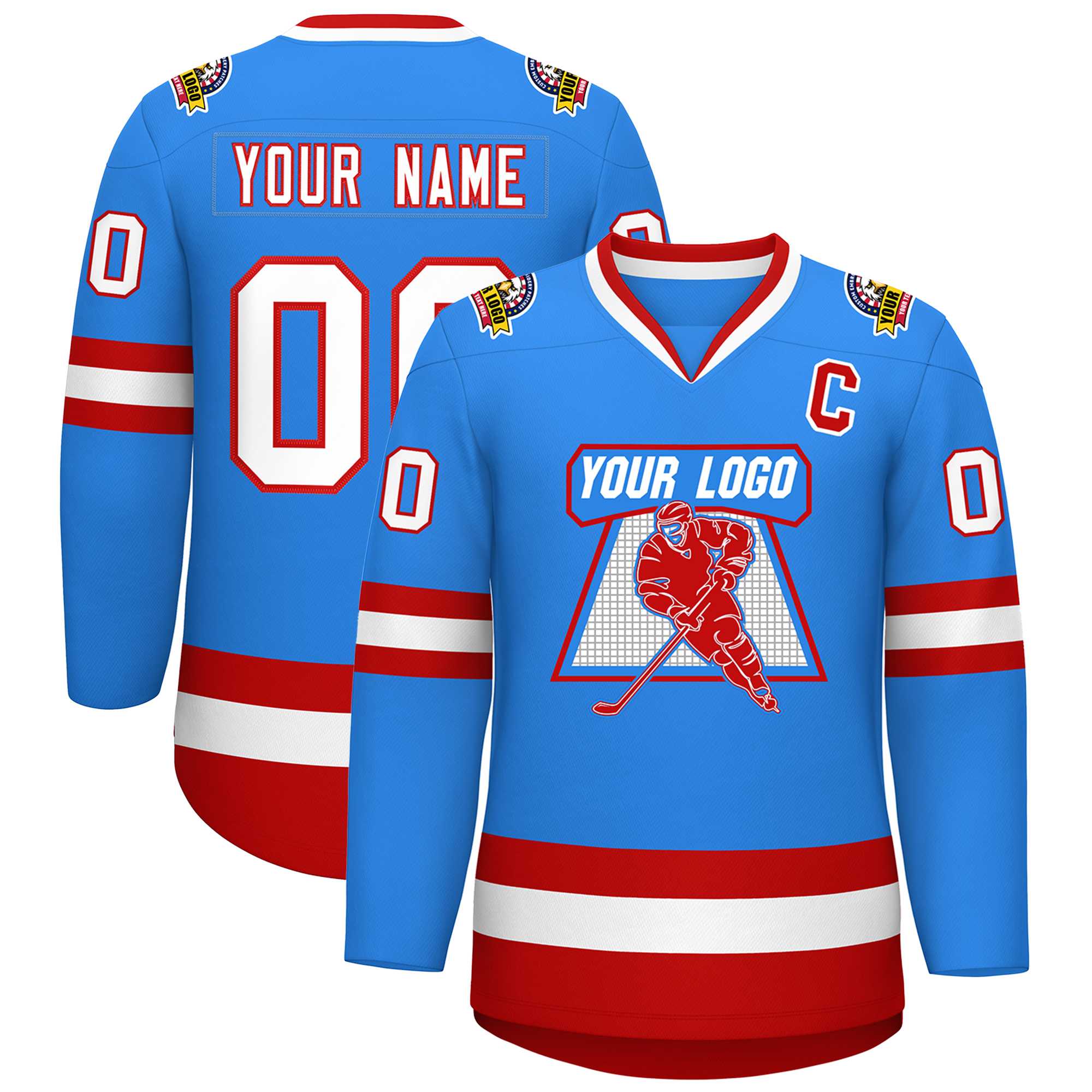 Maillot de hockey de style classique bleu poudre blanc-rouge personnalisé