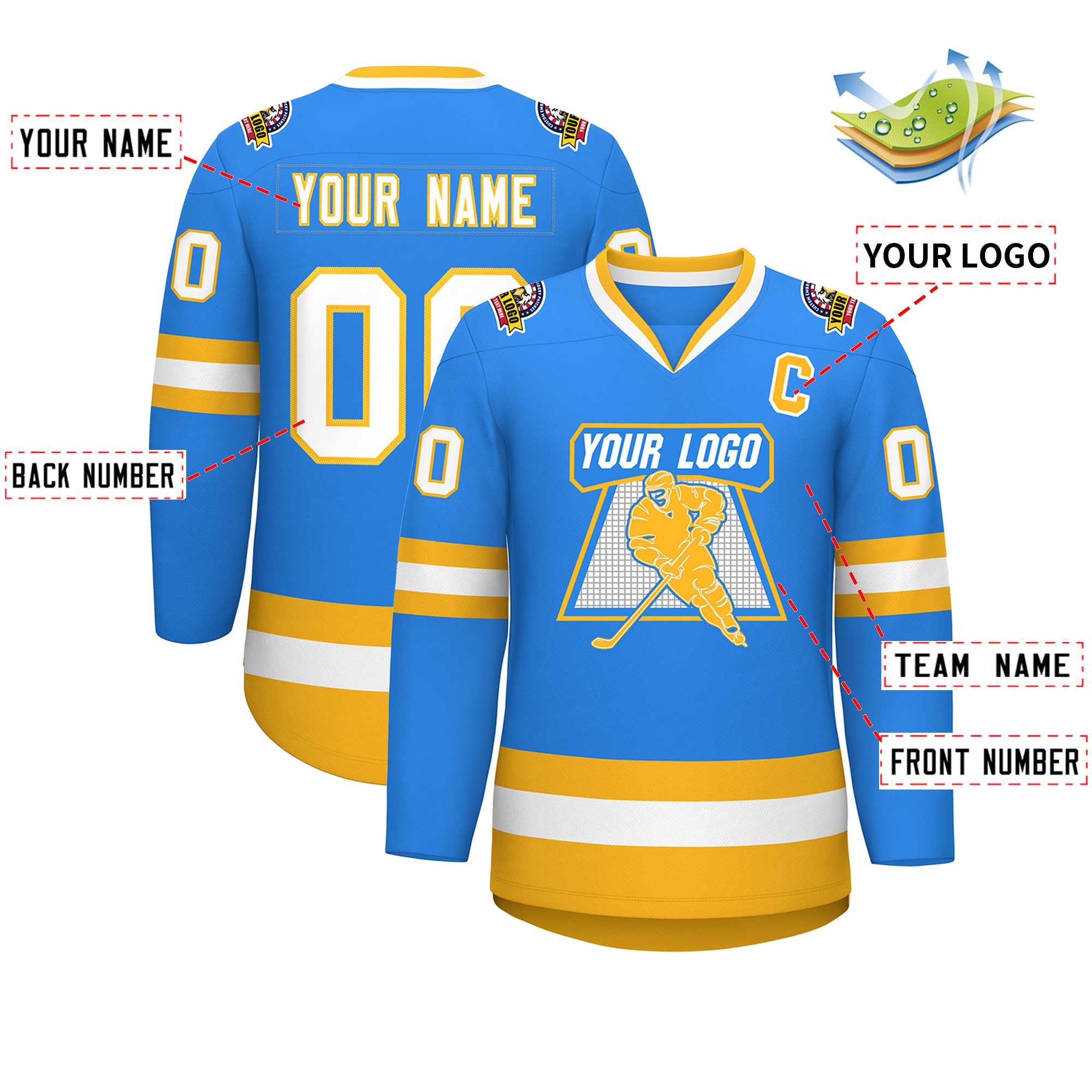 Custom Powder Blue White-Gold Classic Style Hockey Jersey