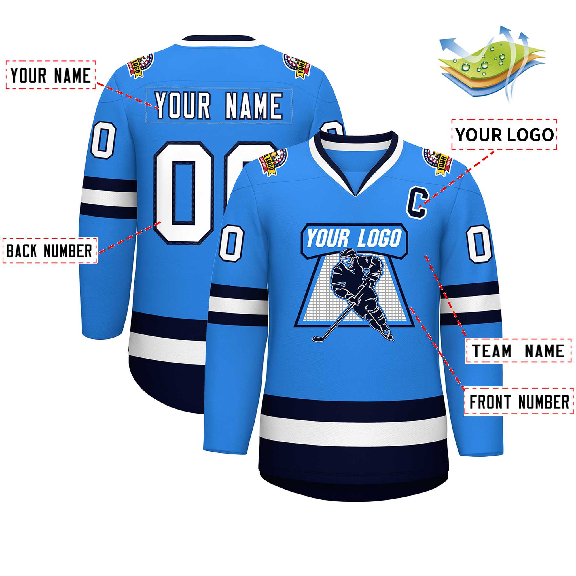 Maillot de hockey de style classique bleu poudre blanc-marine personnalisé