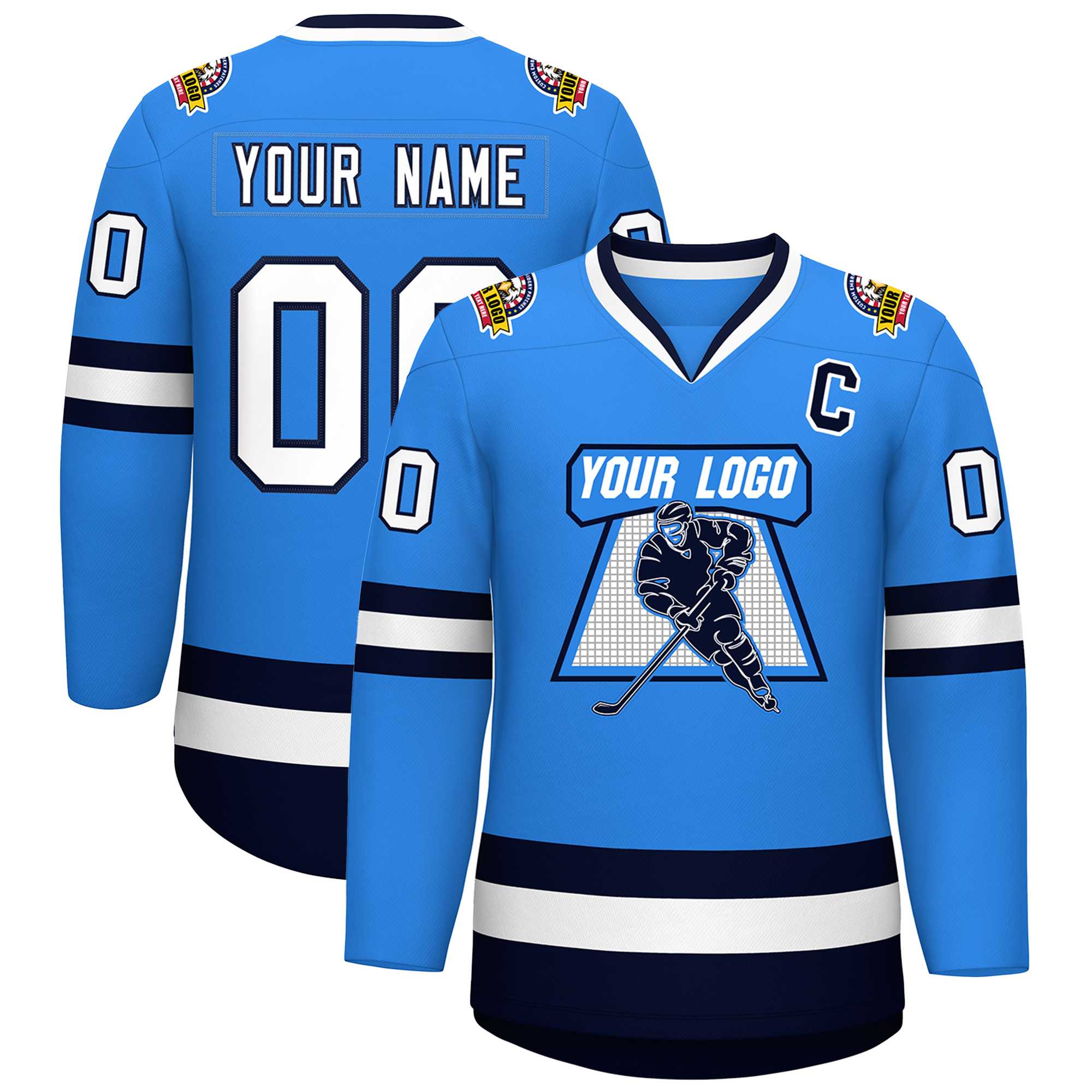 Custom Powder Blue White-Navy Classic Style Hockey Jersey