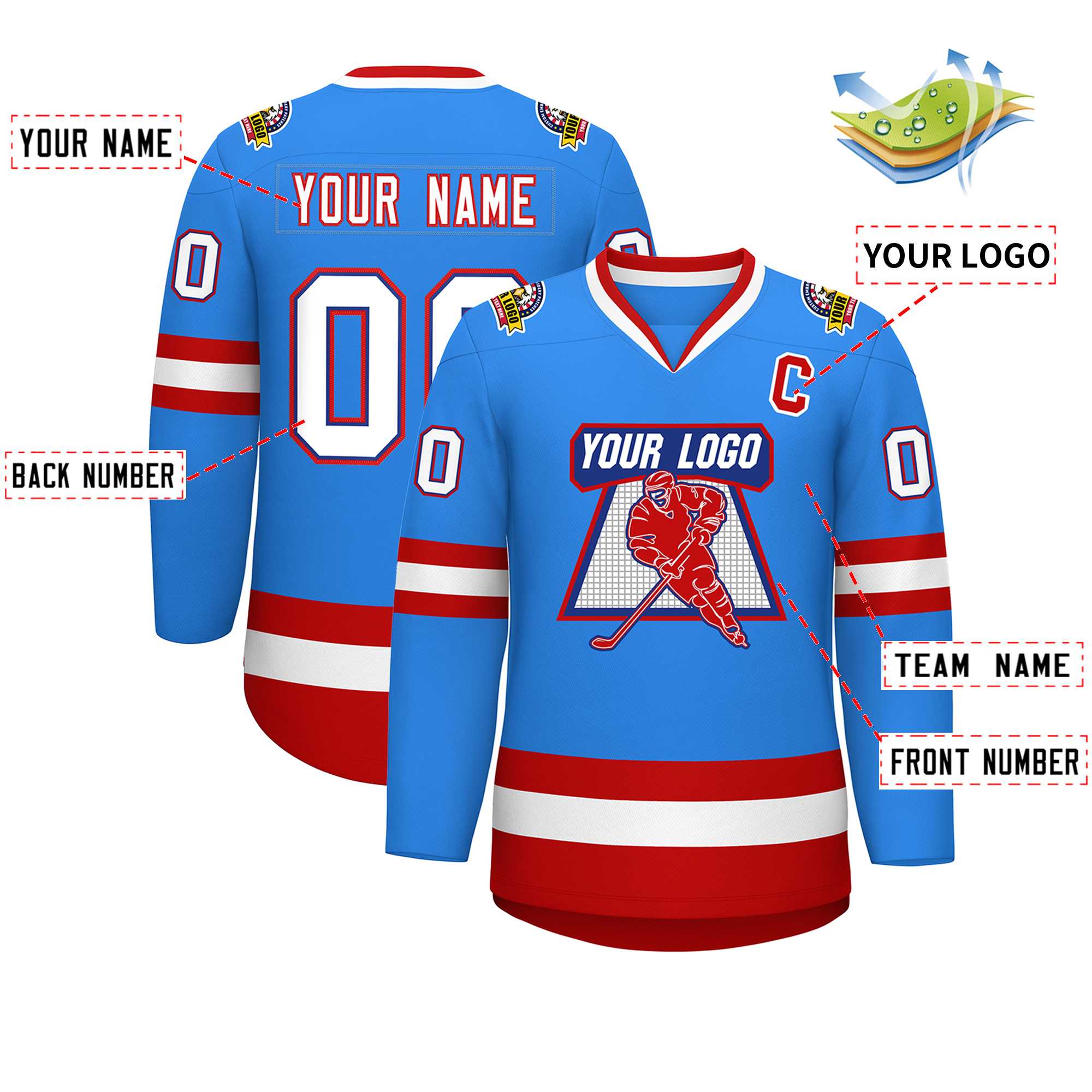 Maillot de hockey de style classique bleu poudre personnalisé blanc royal-rouge