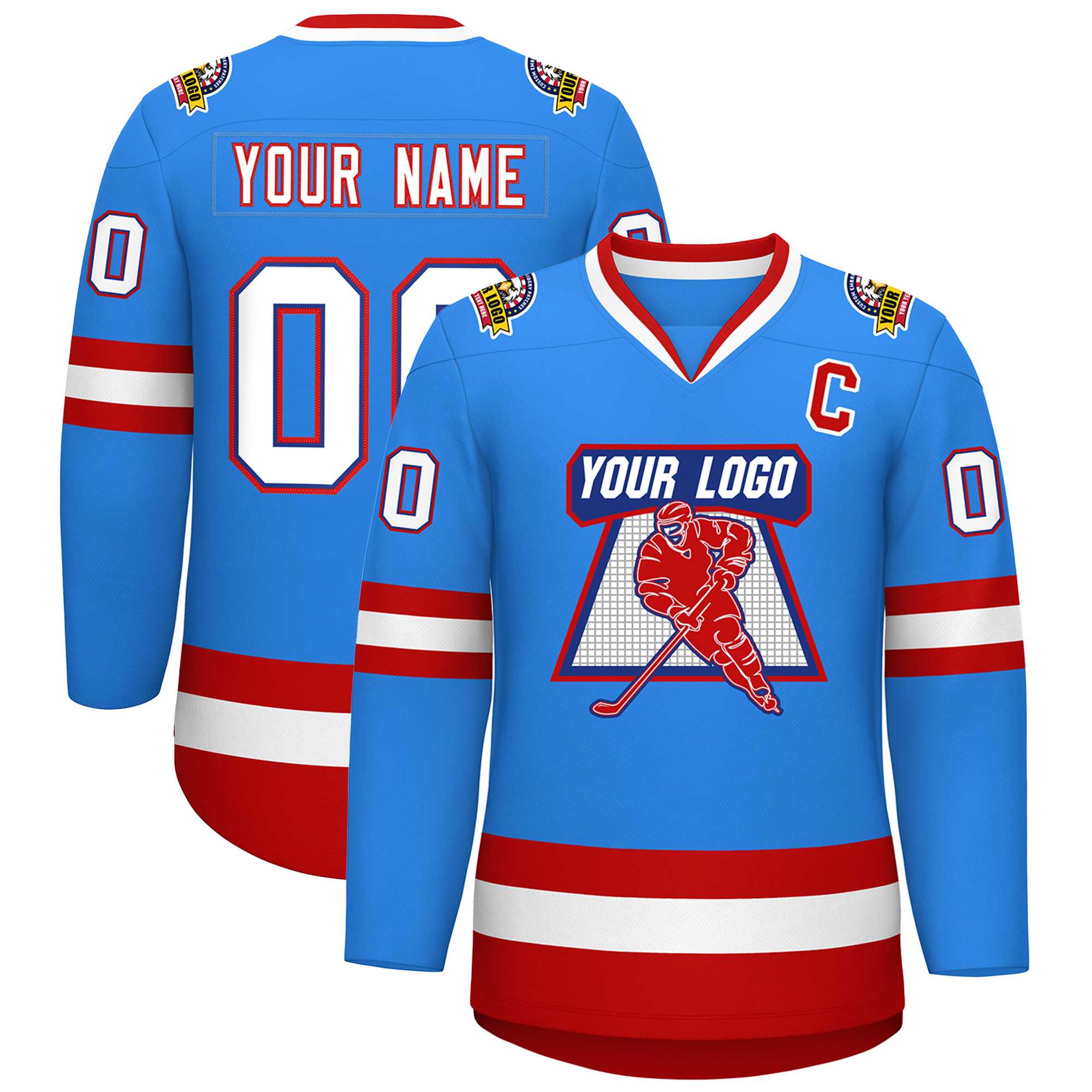 Maillot de hockey de style classique bleu poudre personnalisé blanc royal-rouge