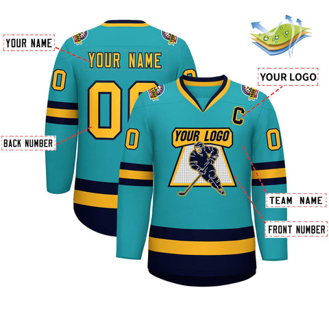 Custom Aqua Gold-Navy Classic Style Hockey Jersey