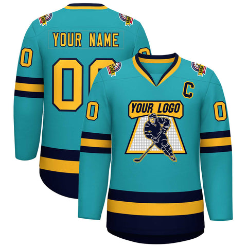 Custom Aqua Gold-Navy Classic Style Hockey Jersey